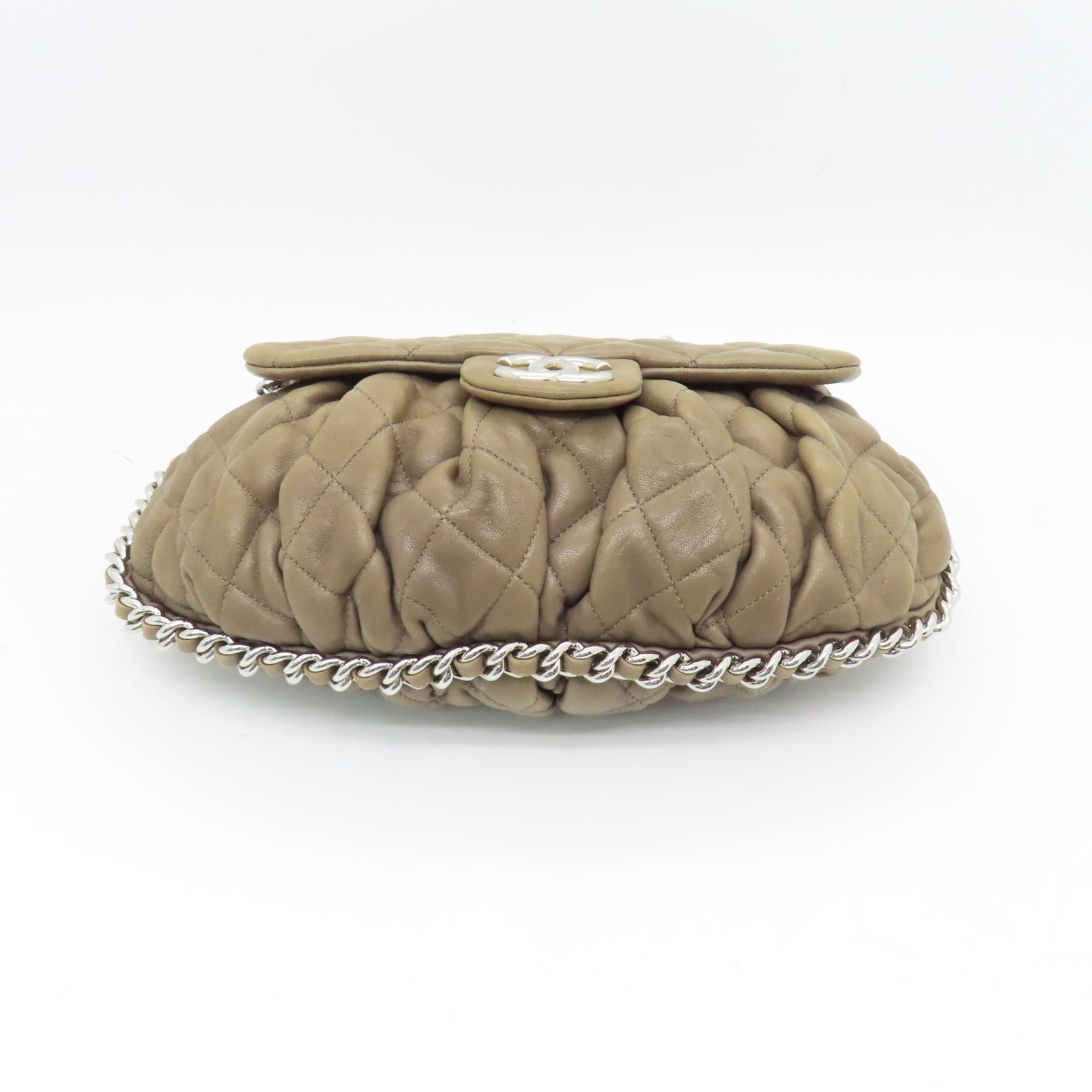 CHANEL Rhombus Sheepskin Leather Chain Shoulder Silver Buckle Shoulder Bag Light Brown