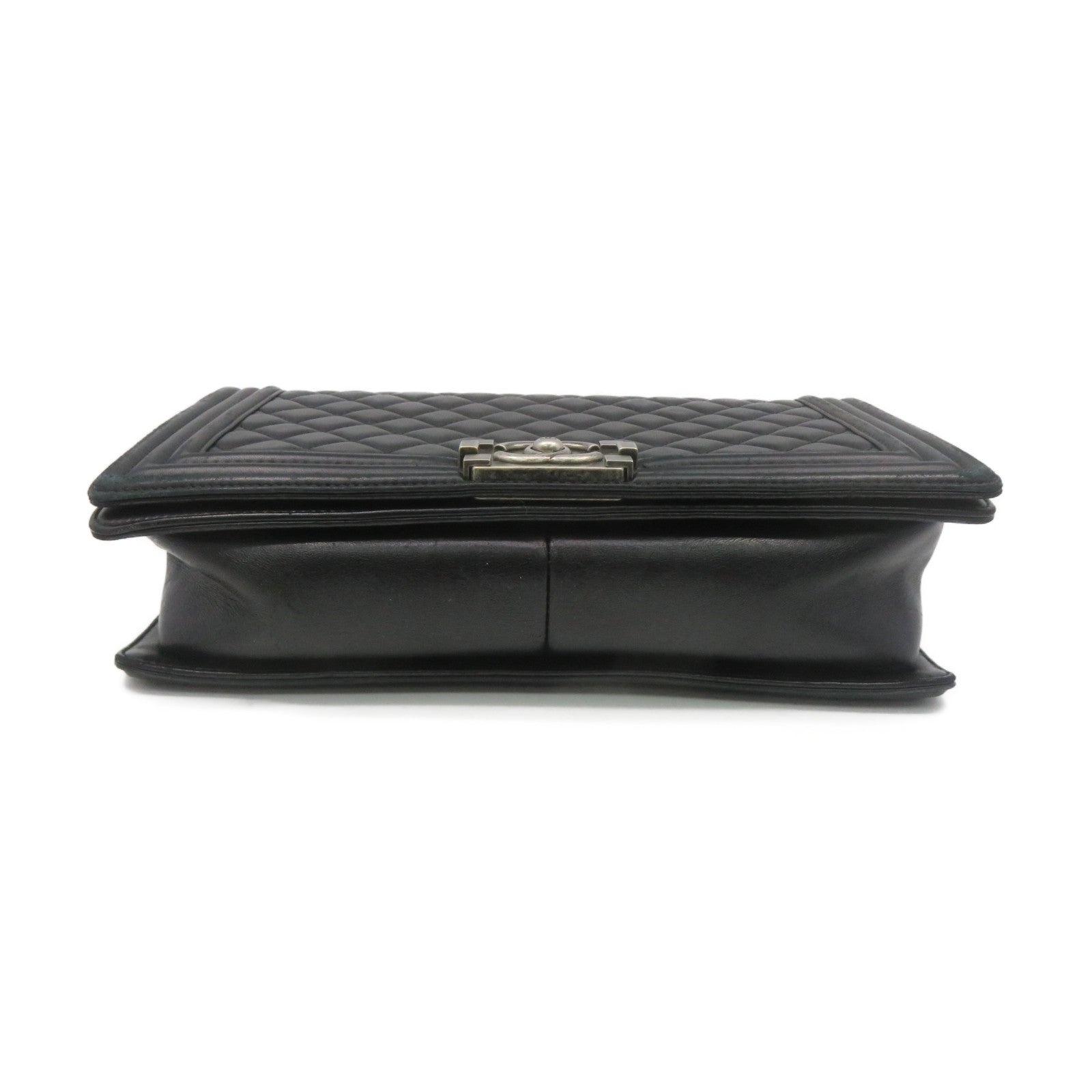 CHANEL 菱格羊皮皮革Boy Chanel 28cm Shoulder Bag銀扣鏈帶肩背袋黑色