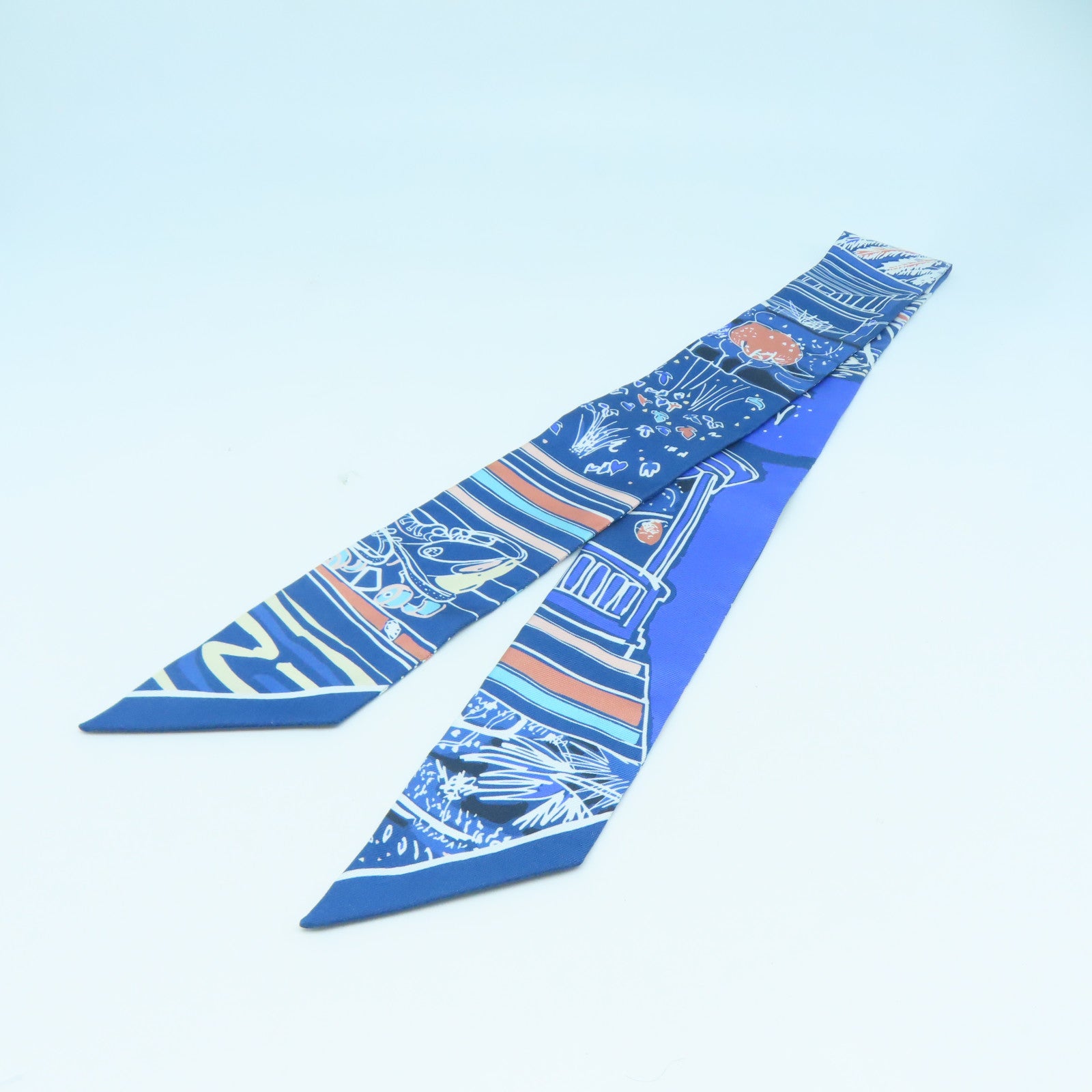 HERMES 絲質Twilly絲巾藍色