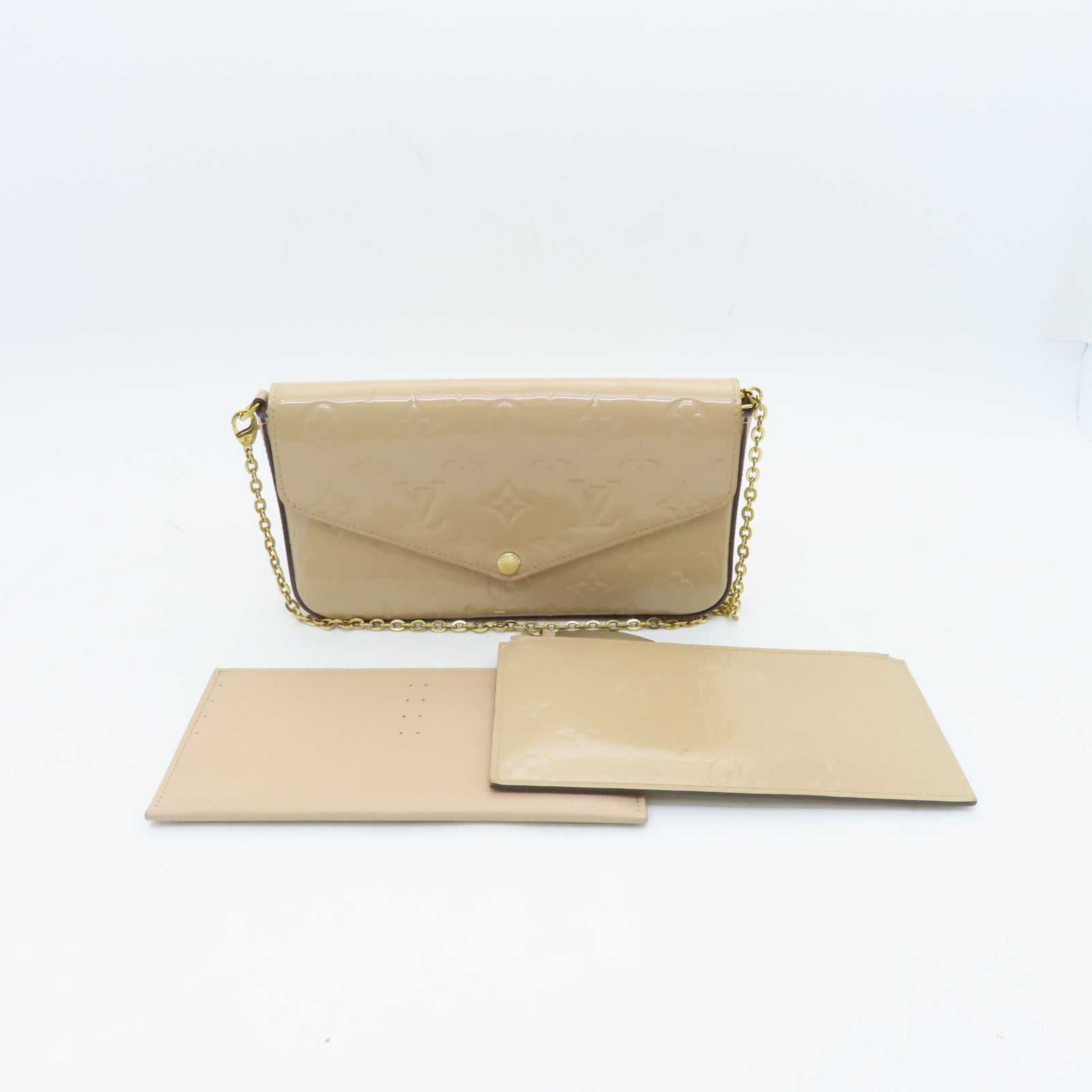 LOUIS VUITTON Monogram Vernis Pochette Felicie Gold Buckle Chain Shoulder Bag Beige