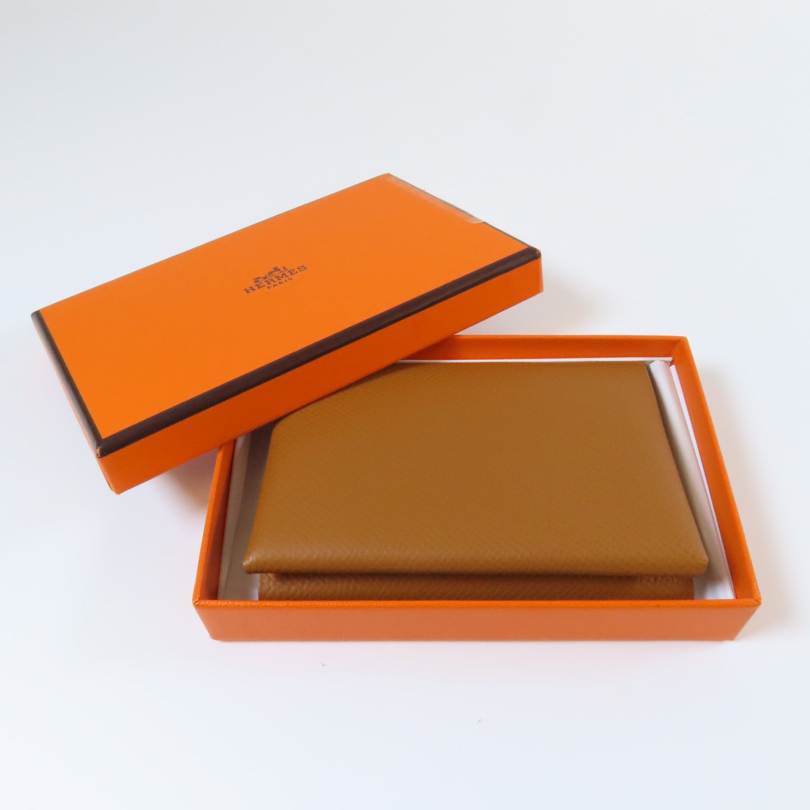 HERMES Epsom皮革Calvi Duo銀扣卡片套啡色
