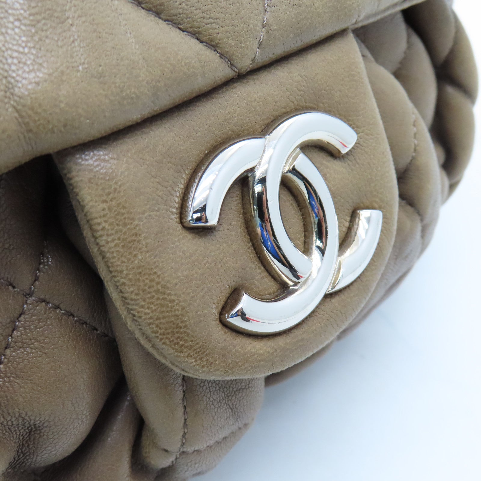 CHANEL Rhombus Sheepskin Leather Chain Shoulder Silver Buckle Shoulder Bag Light Brown