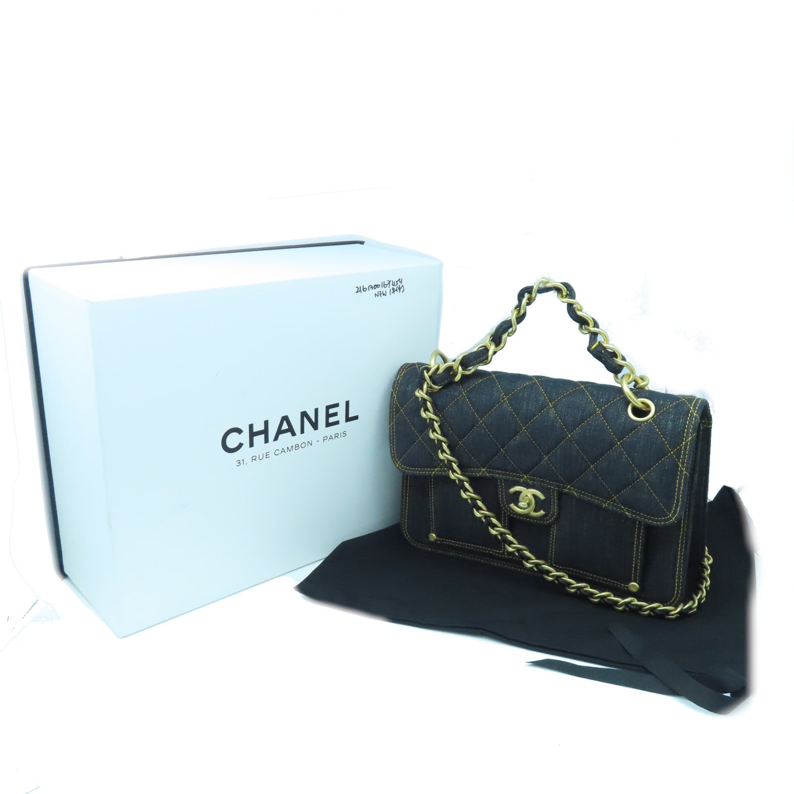 CHANEL Rhombus Denim Chain Shoulder Gold Buckle Shoulder Bag Black Blue/Yellow