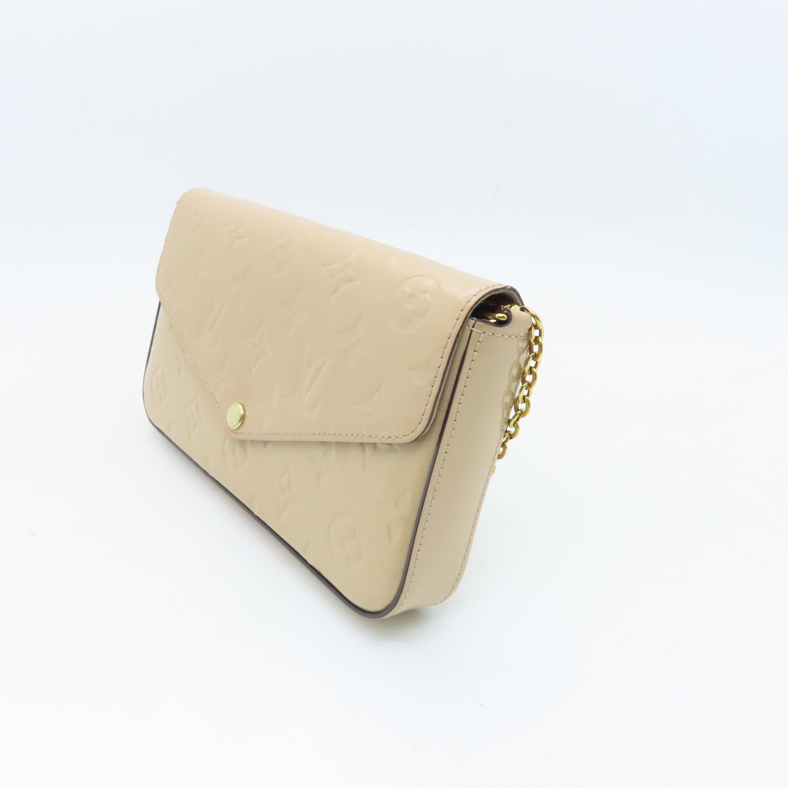 LOUIS VUITTON Monogram Vernis Pochette Felicie Gold Buckle Chain Shoulder Bag Beige
