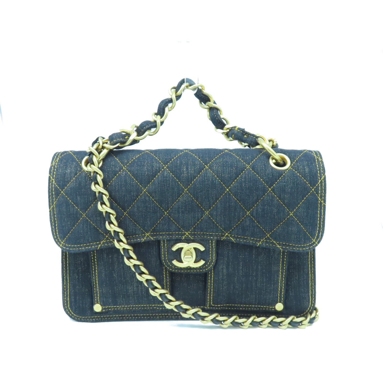 CHANEL Rhombus Denim Chain Shoulder Gold Buckle Shoulder Bag Black Blue/Yellow