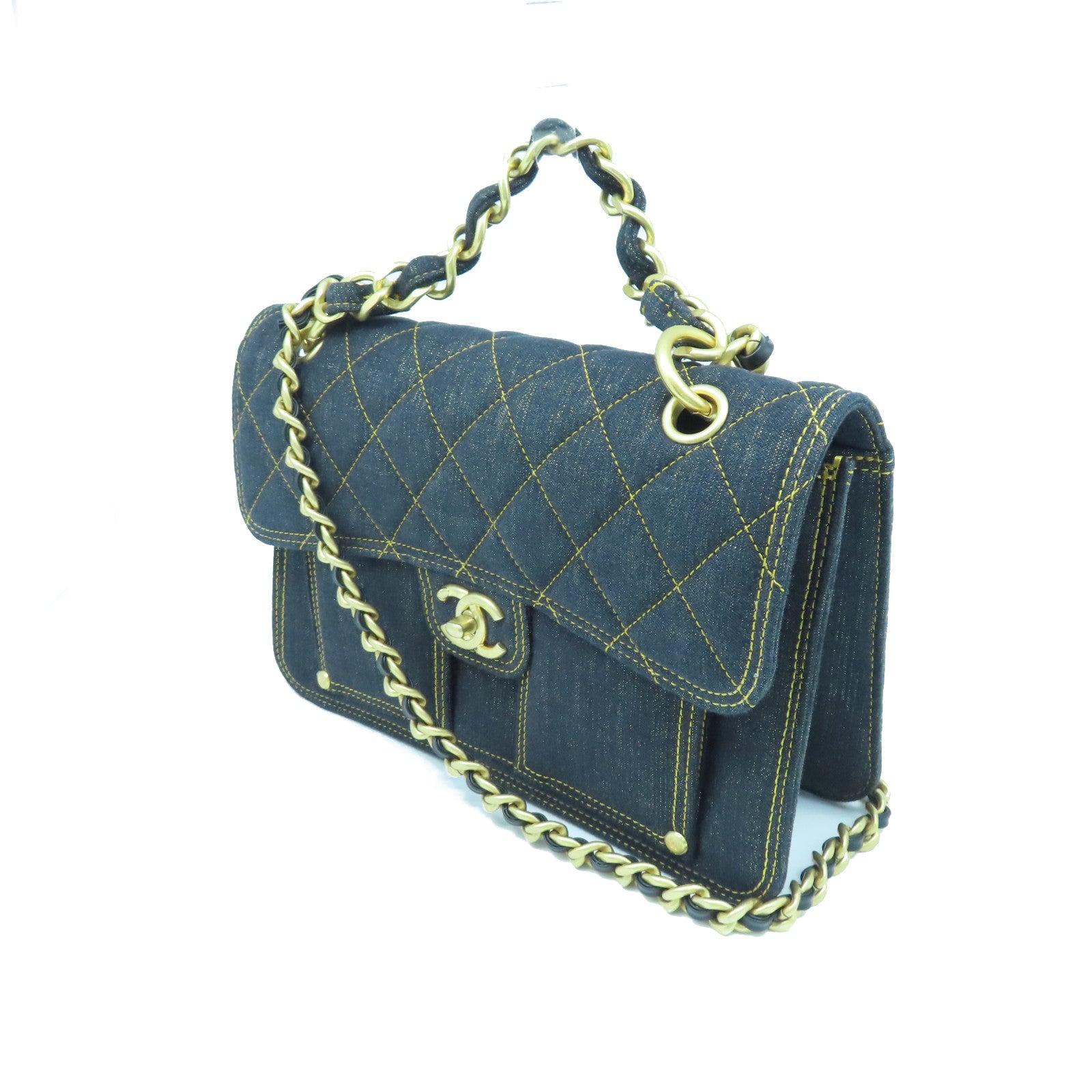 CHANEL Rhombus Denim Chain Shoulder Gold Buckle Shoulder Bag Black Blue/Yellow