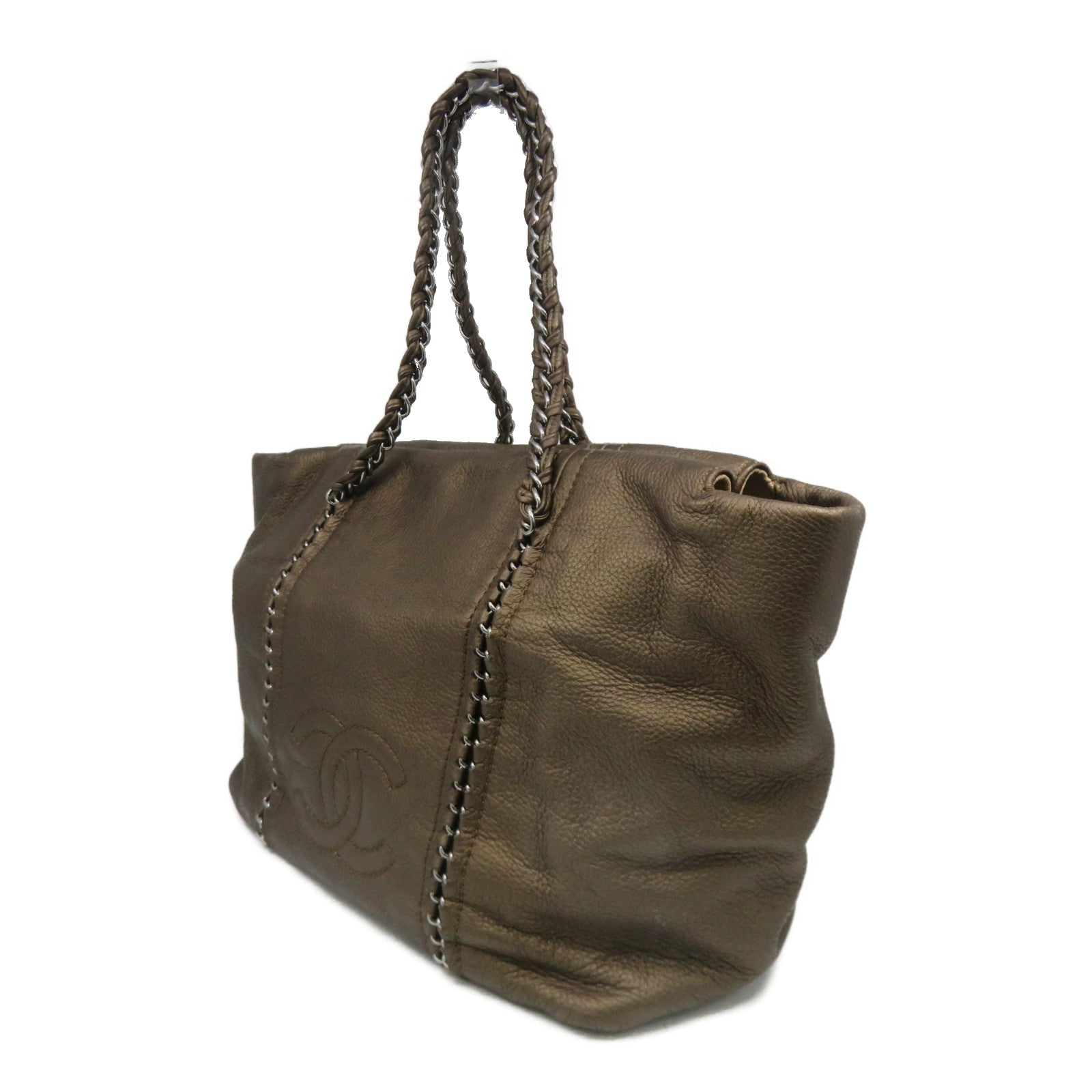 CHANEL 牛皮皮革Tote Bag银扣链带手挽袋啡色