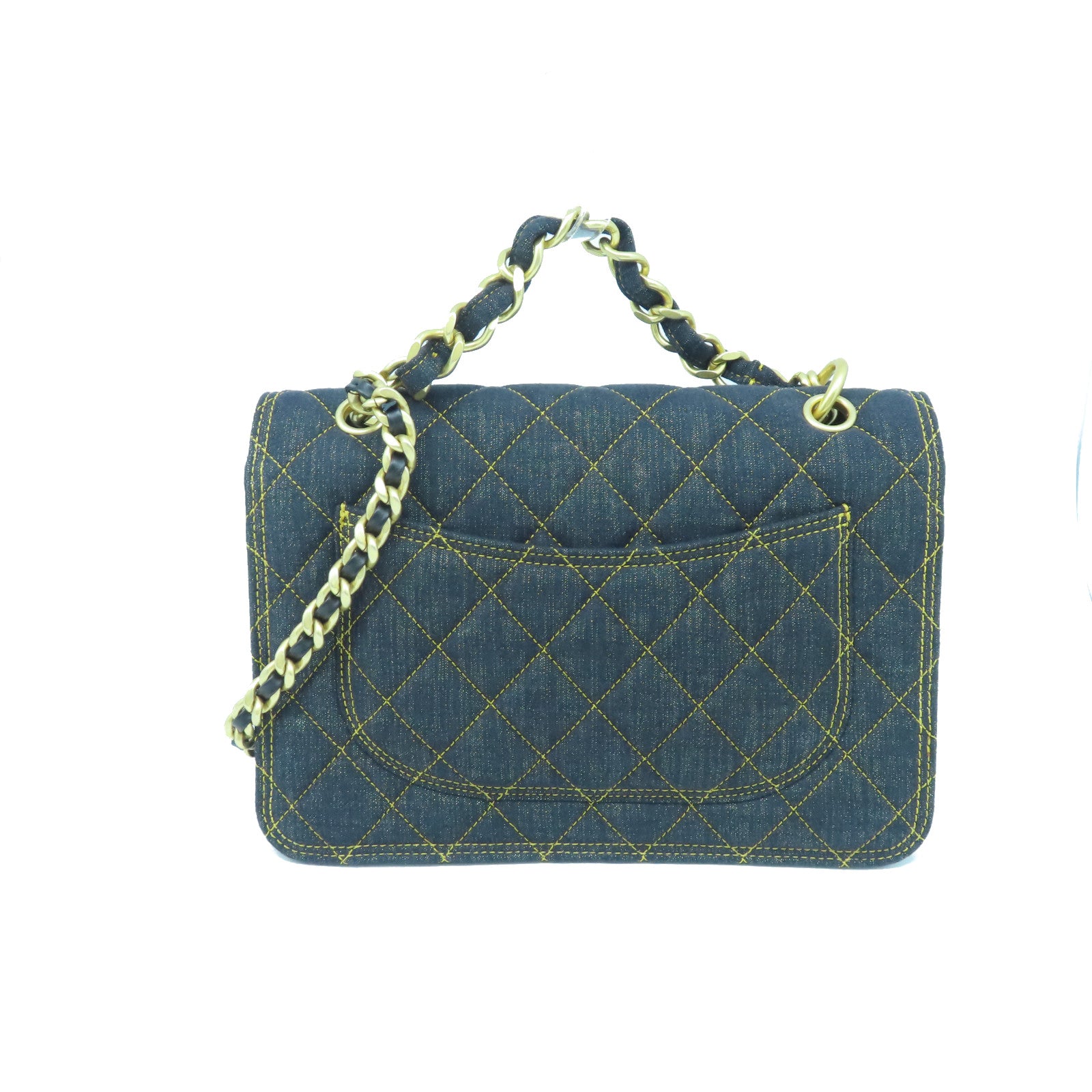 CHANEL Rhombus Denim Chain Shoulder Gold Buckle Shoulder Bag Black Blue/Yellow