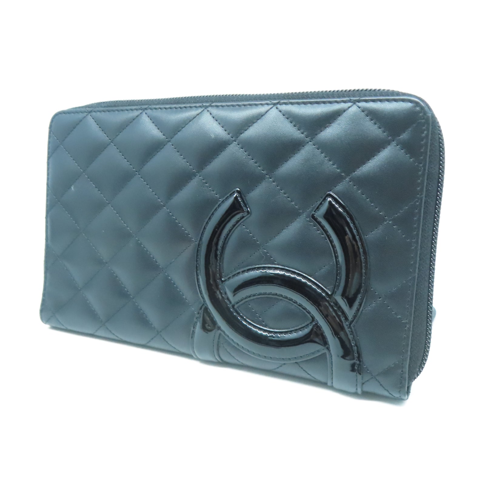 CHANEL 菱格牛皮皮革Long Wallet銀扣長錢包黑色