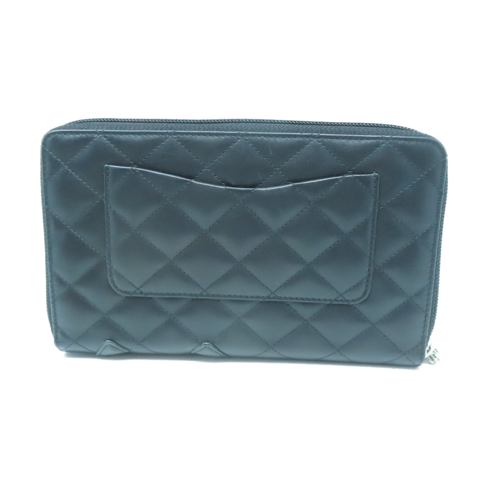CHANEL 菱格牛皮皮革Long Wallet銀扣長錢包黑色