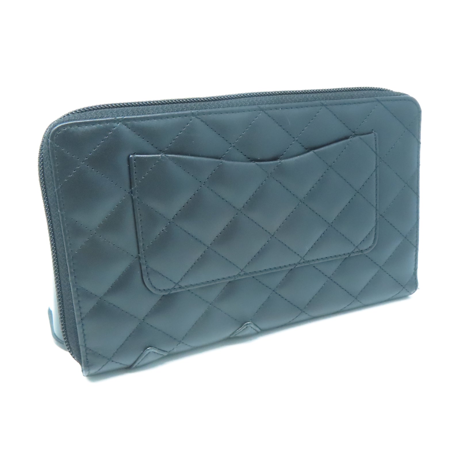 CHANEL 菱格牛皮皮革Long Wallet銀扣長錢包黑色