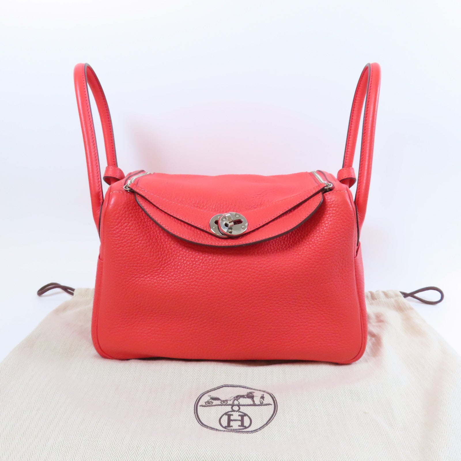 HERMES Clemence皮革Lindy 26銀扣手挽肩背兩用袋Rose Jaipur糖果紅色