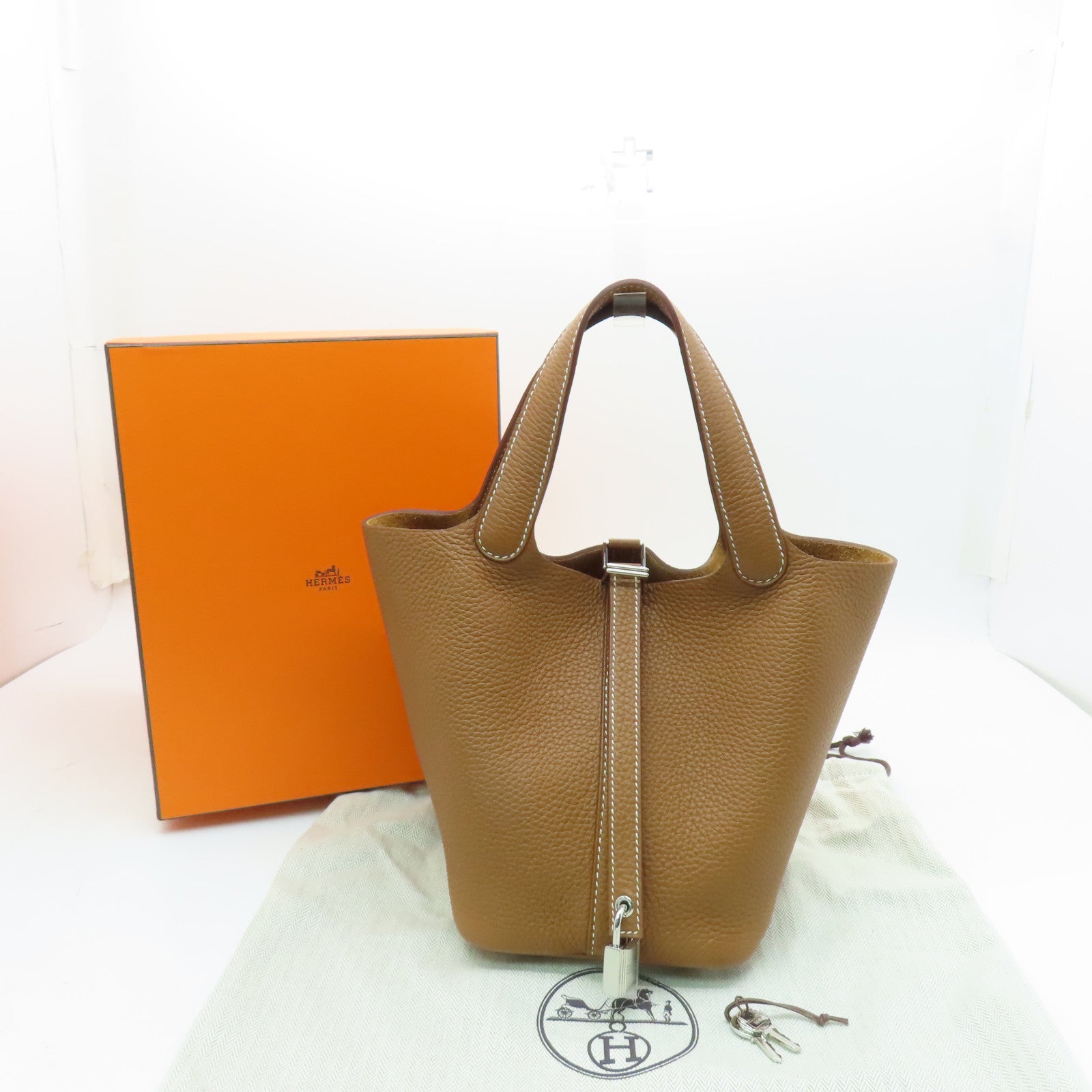 HERMES Clemence Leather Picotin MM Silver Buckle Hand Bag Gold/Brown