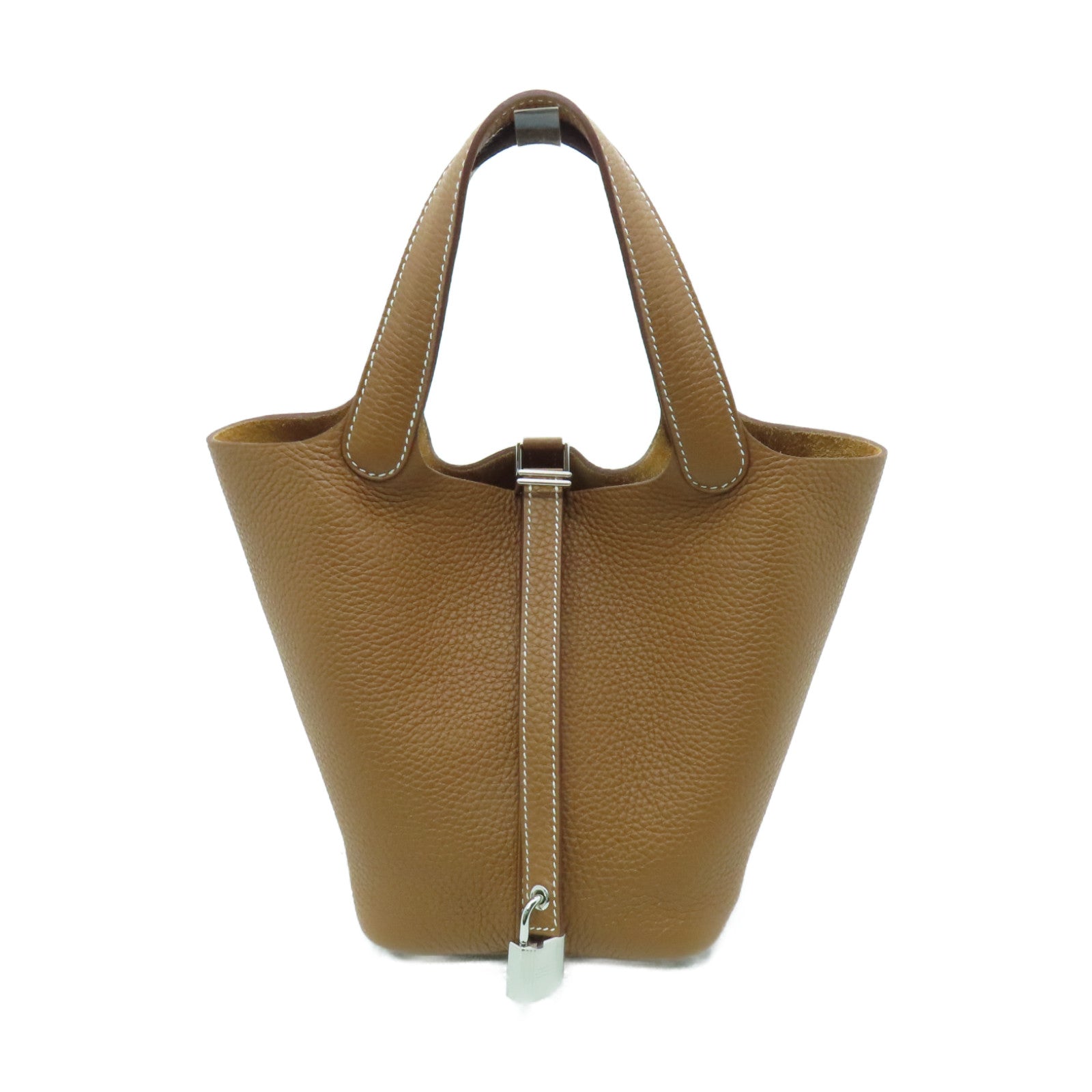 HERMES Clemence Leather Picotin MM Silver Buckle Hand Bag Gold/Brown