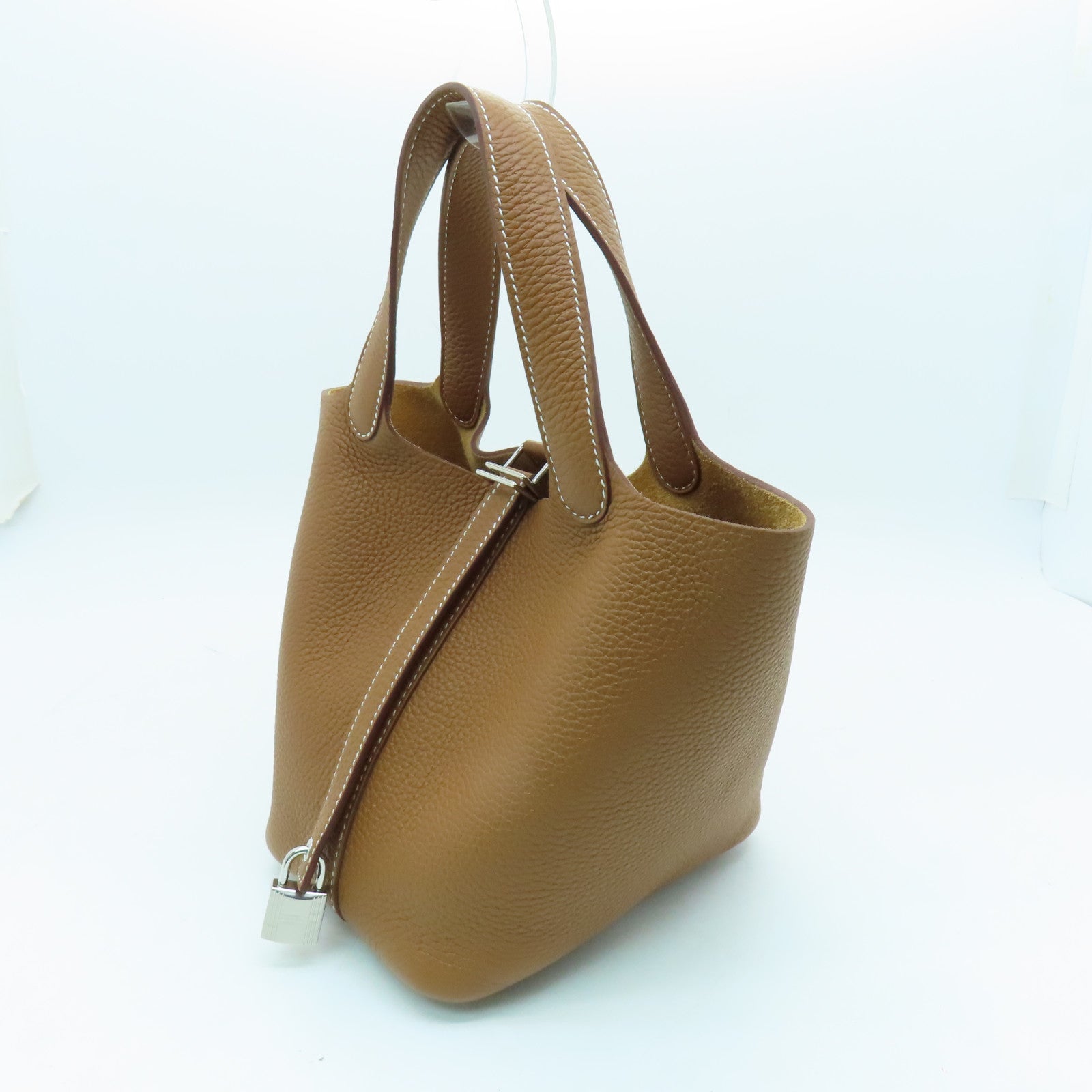 HERMES Clemence Leather Picotin MM Silver Buckle Hand Bag Gold/Brown