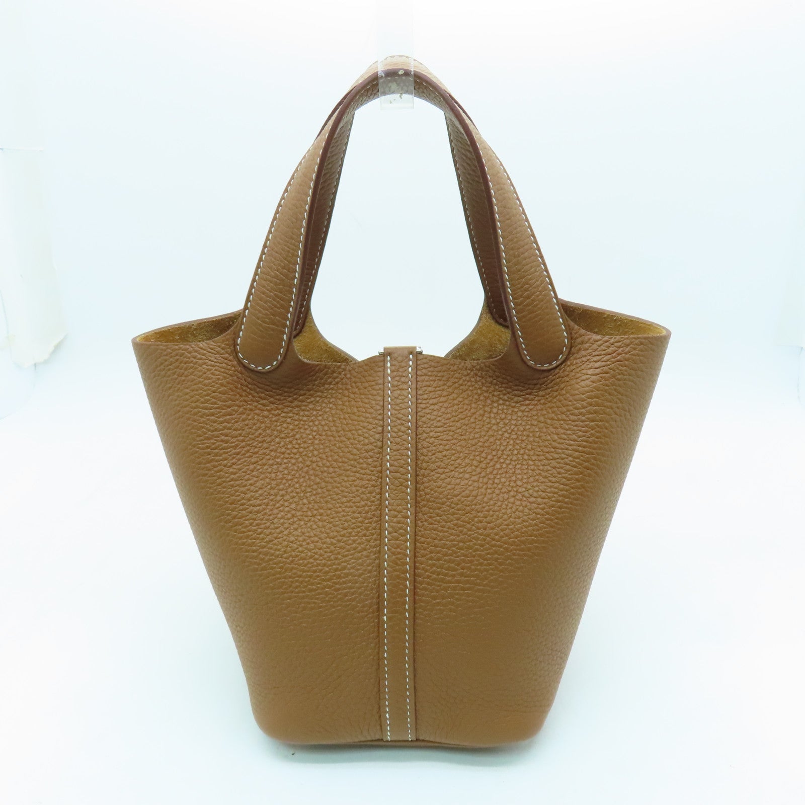 HERMES Clemence Leather Picotin MM Silver Buckle Hand Bag Gold/Brown