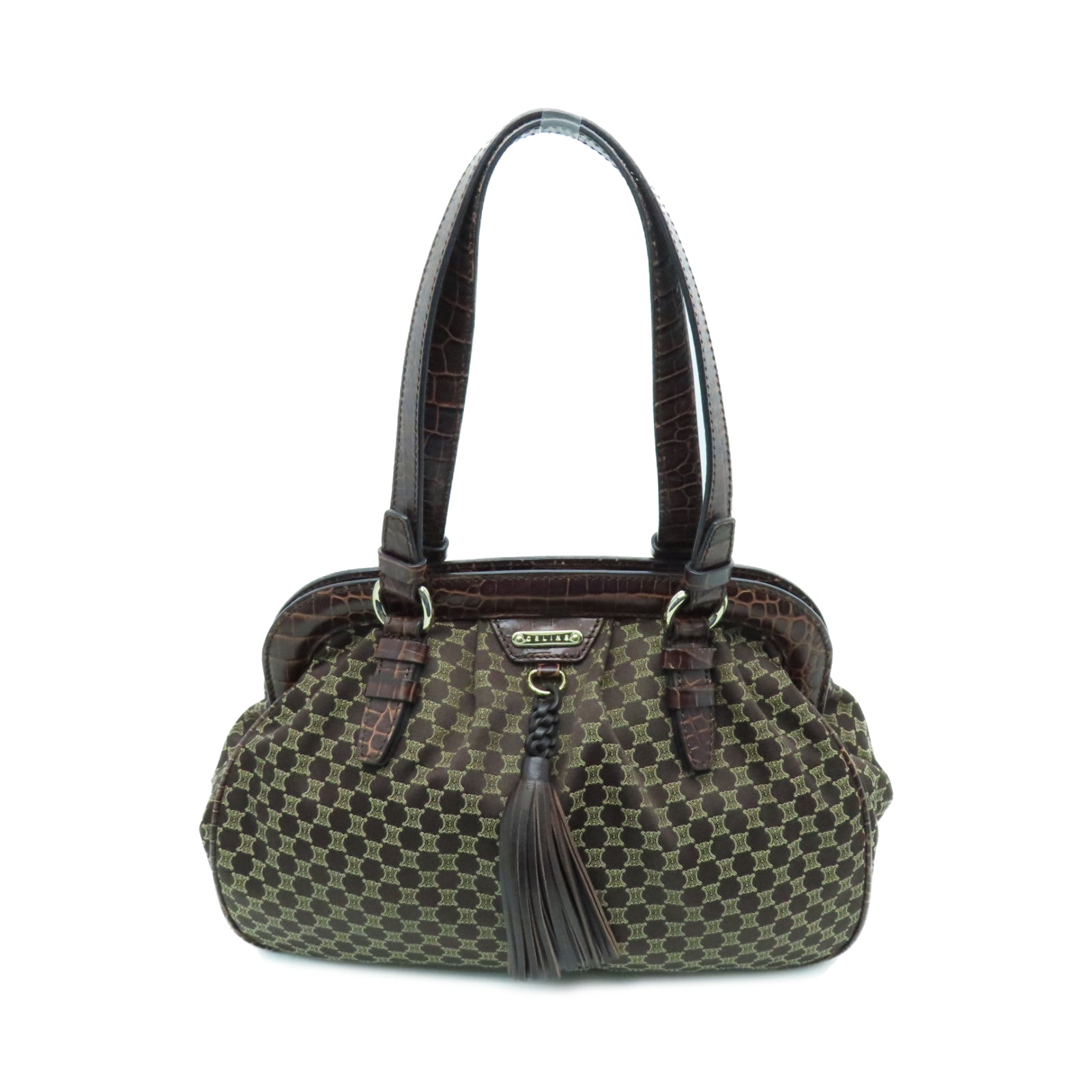 CELINE canvas Shoulder Bag gold buckle shoulder bag brown