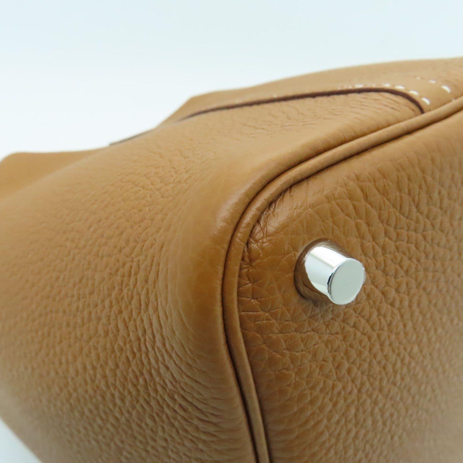 HERMES Clemence Leather Picotin MM Silver Buckle Hand Bag Gold/Brown