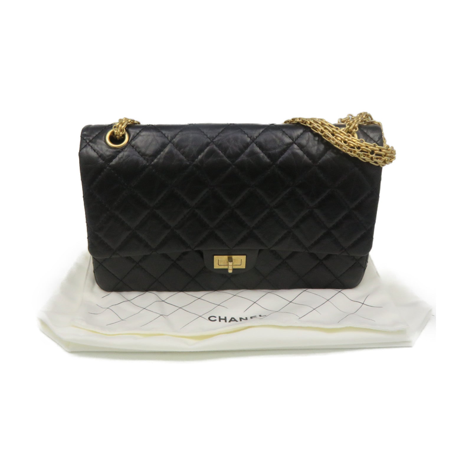 CHANEL 菱格牛皮皮革2.55 Chain Shoulder Bag金扣鏈帶肩背袋黑色