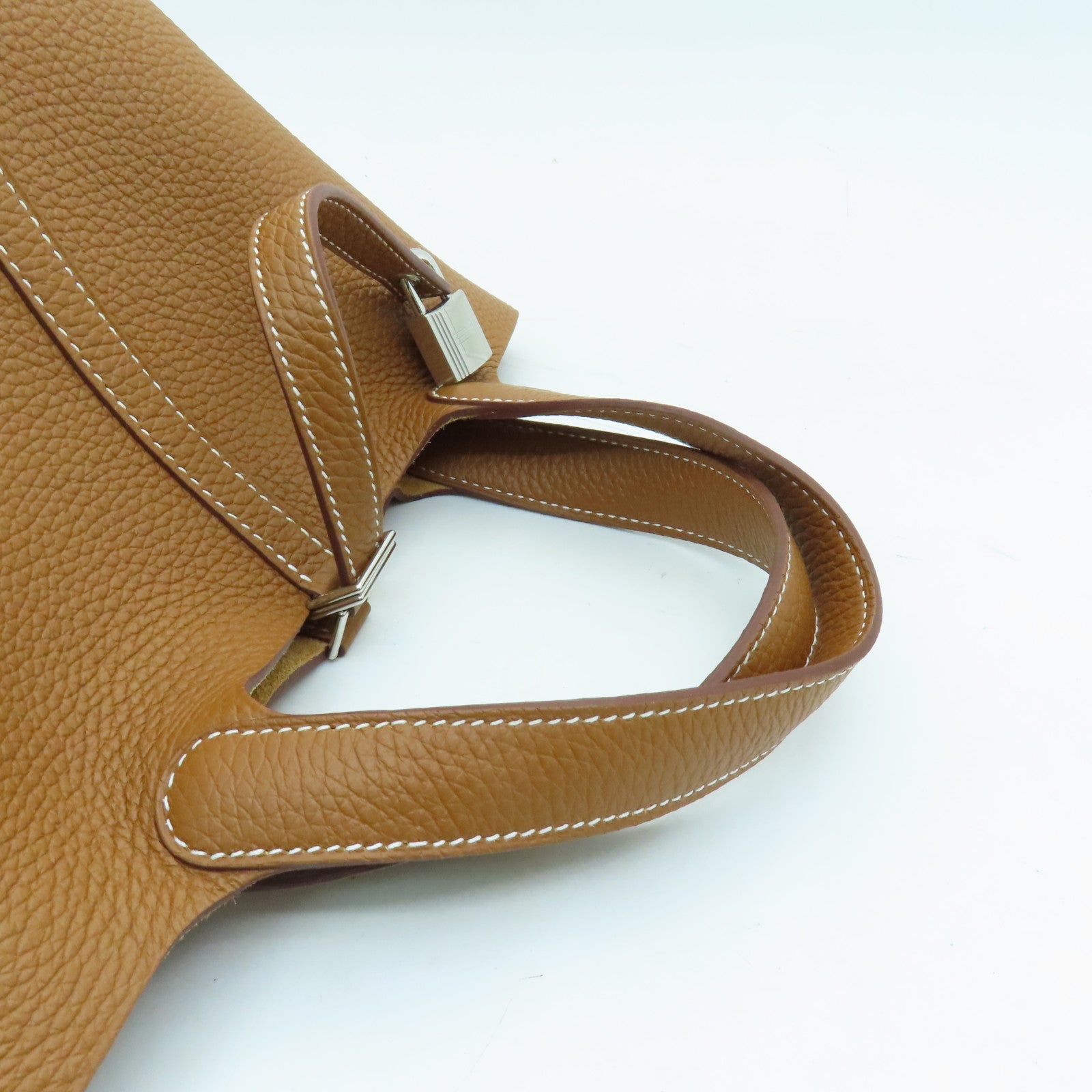 HERMES Clemence Leather Picotin MM Silver Buckle Hand Bag Gold/Brown