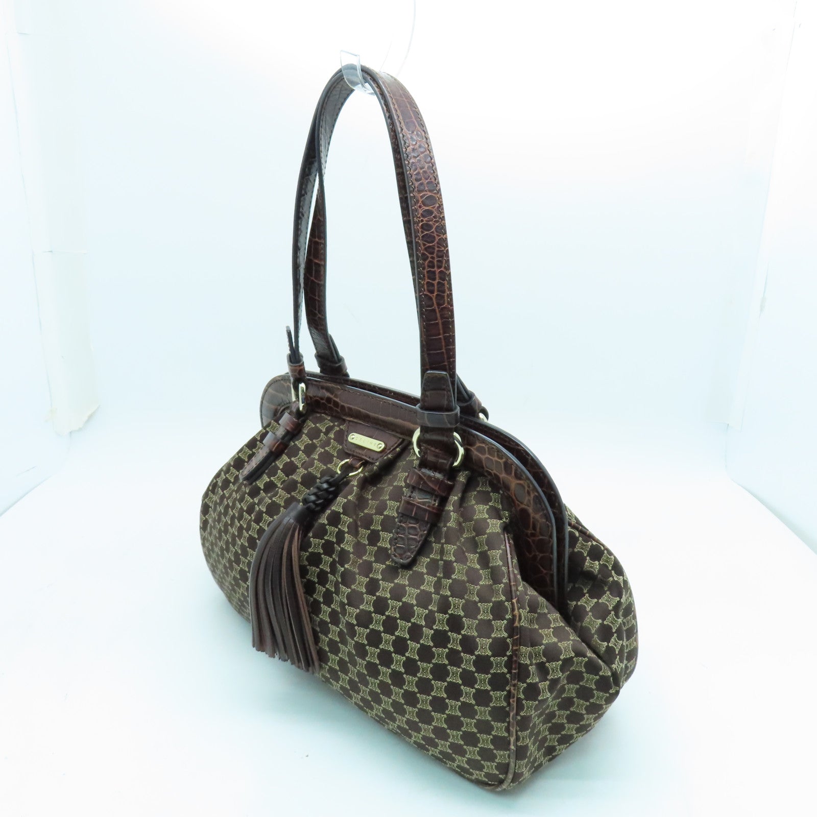 CELINE canvas Shoulder Bag gold buckle shoulder bag brown