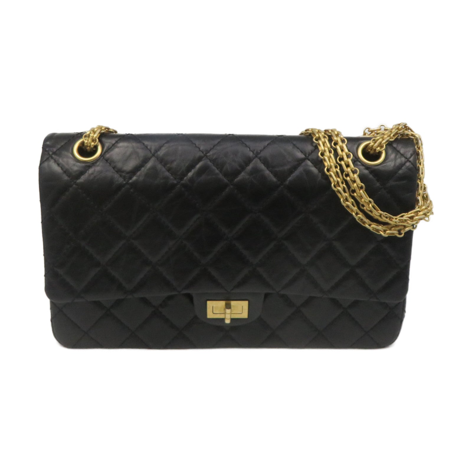 CHANEL 菱格牛皮皮革2.55 Chain Shoulder Bag金扣鏈帶肩背袋黑色