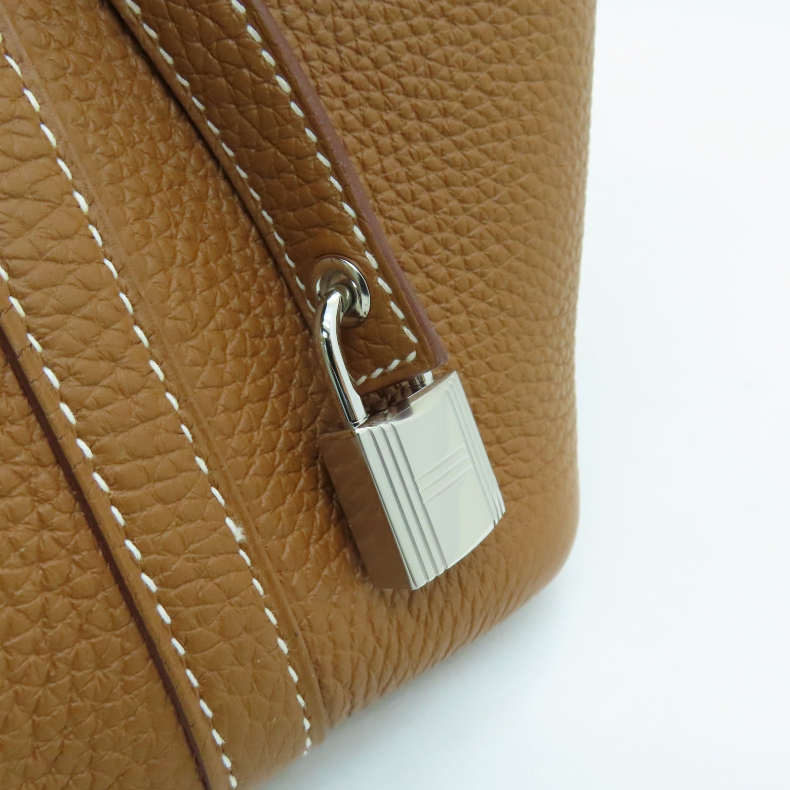 HERMES Clemence Leather Picotin MM Silver Buckle Hand Bag Gold/Brown