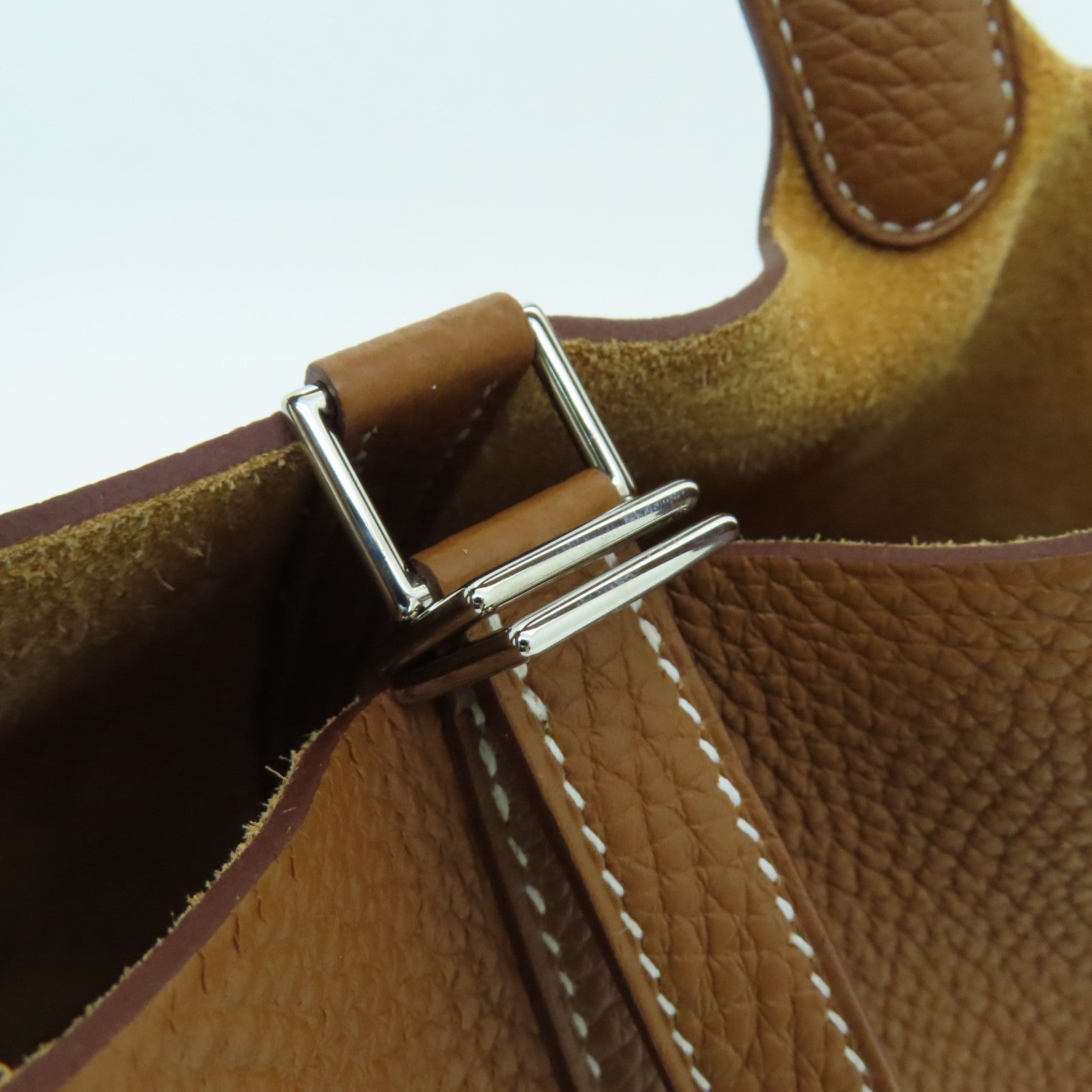 HERMES Clemence Leather Picotin MM Silver Buckle Hand Bag Gold/Brown
