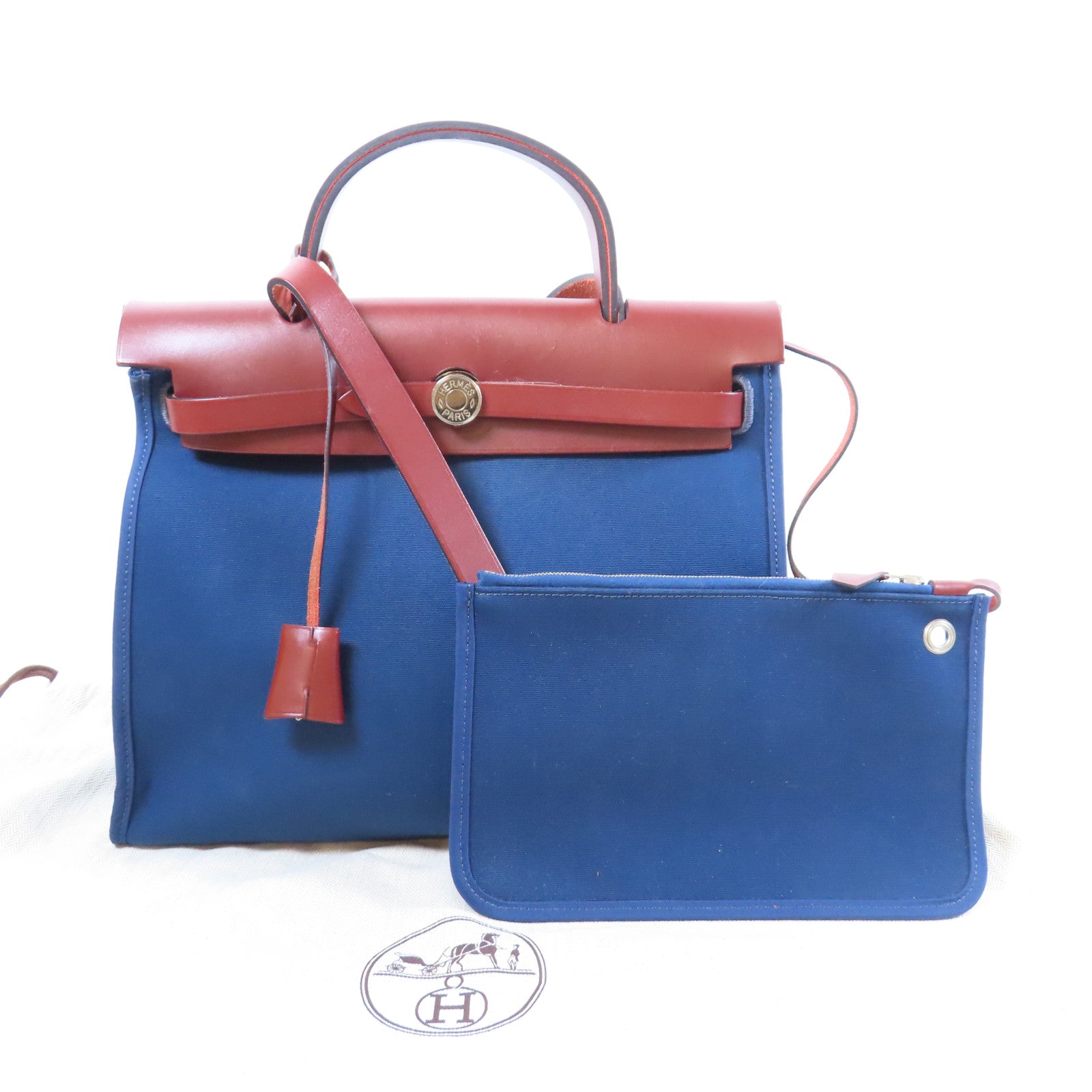 HERMES 帆布/皮革Herbag PM銀扣手挽肩背兩用袋Bleu Saphir寶石藍色