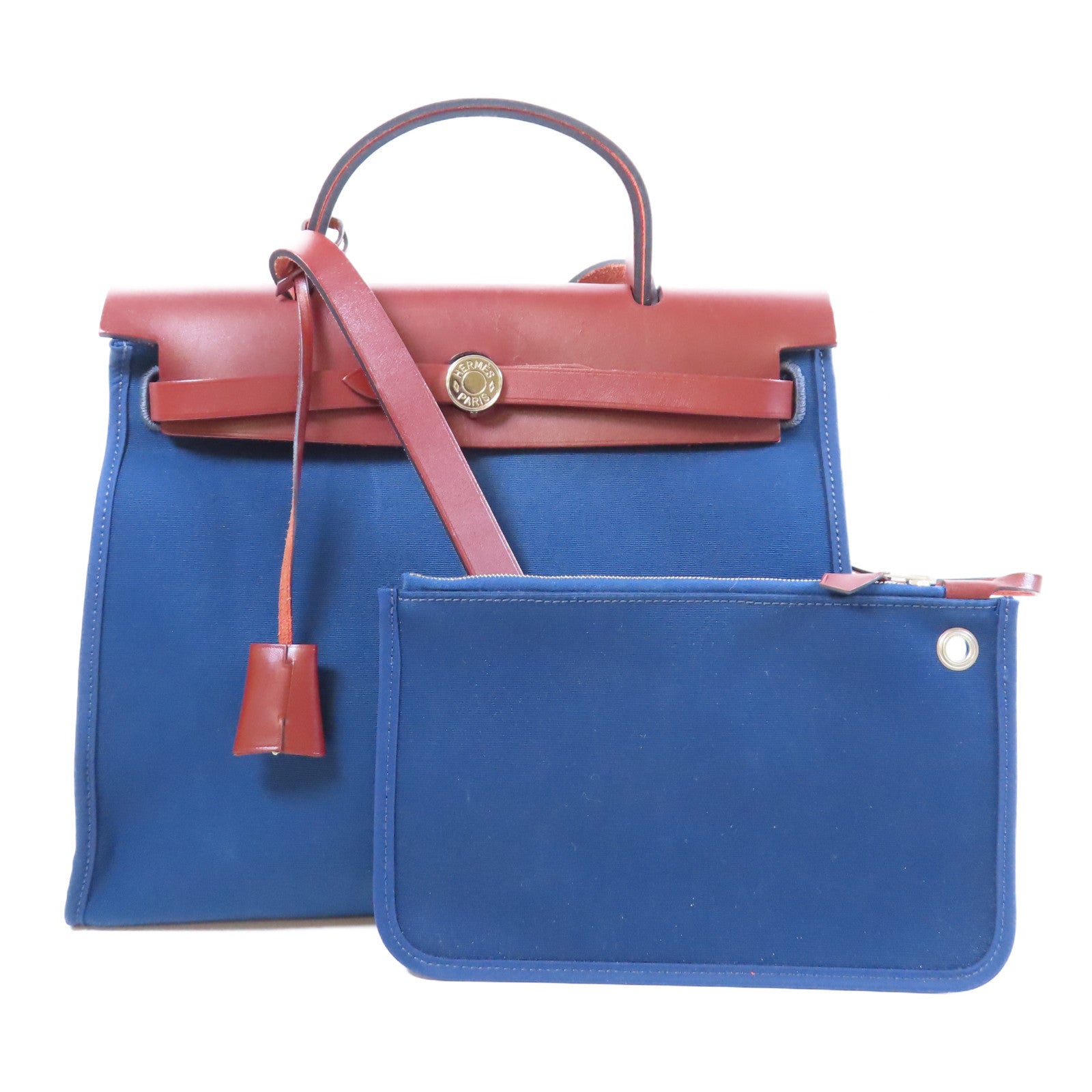 HERMES 帆布/皮革Herbag PM銀扣手挽肩背兩用袋Bleu Saphir寶石藍色
