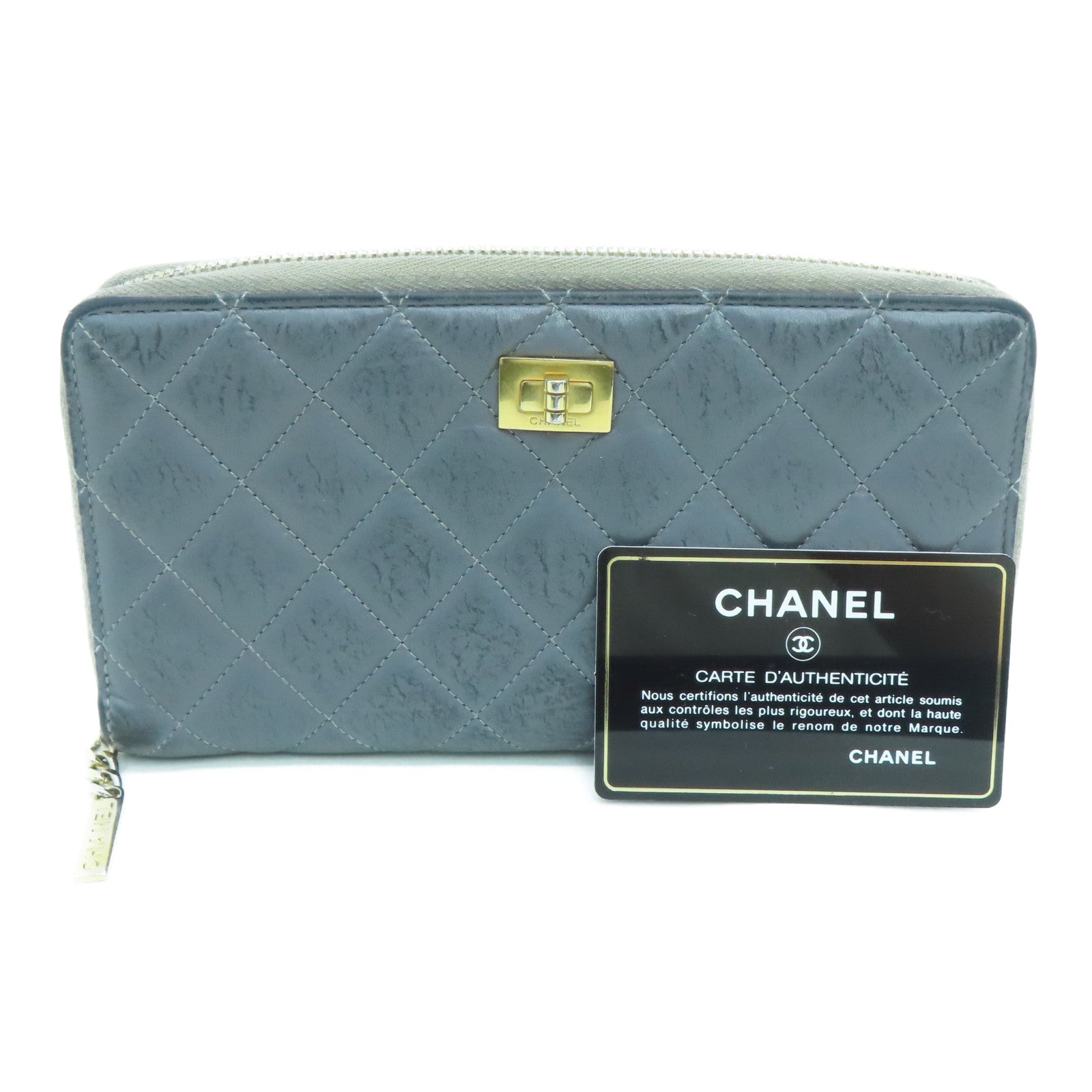 CHANEL rhombic cowhide leather 2.55 Long Wallet gold buckle long wallet gray
