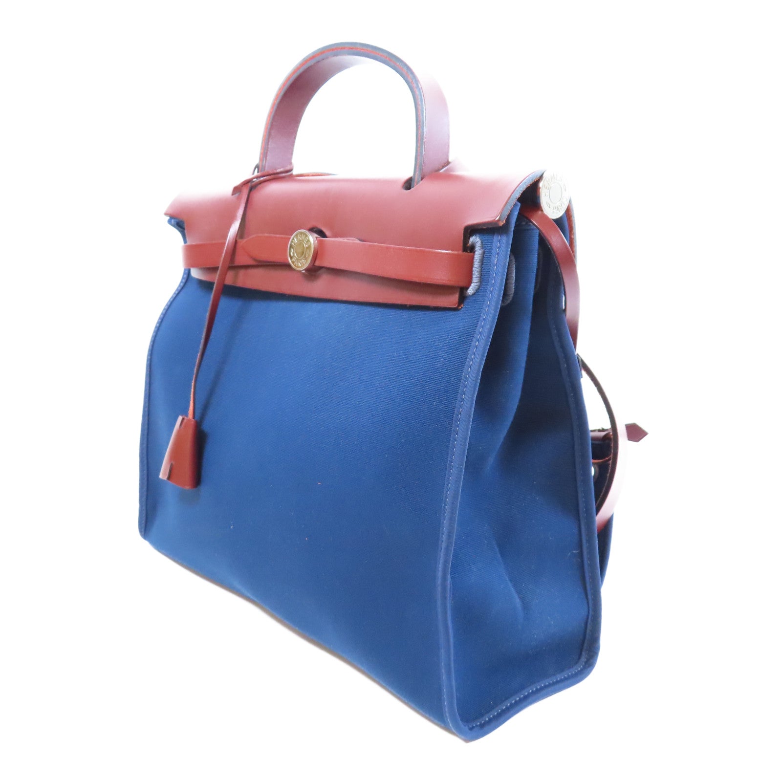 HERMES 帆布/皮革Herbag PM銀扣手挽肩背兩用袋Bleu Saphir寶石藍色
