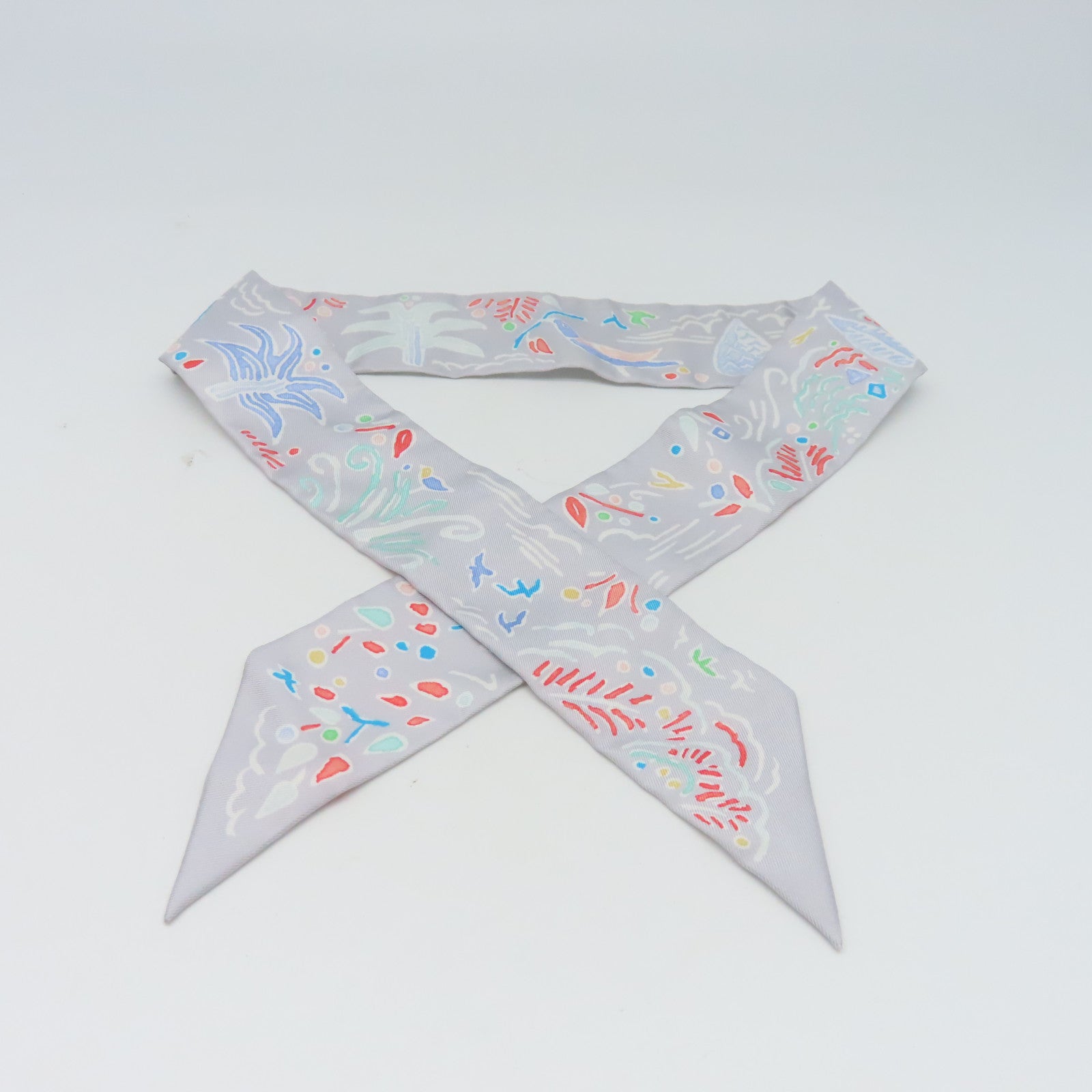 HERMES 【激減優惠】絲質Twilly絲巾灰色
