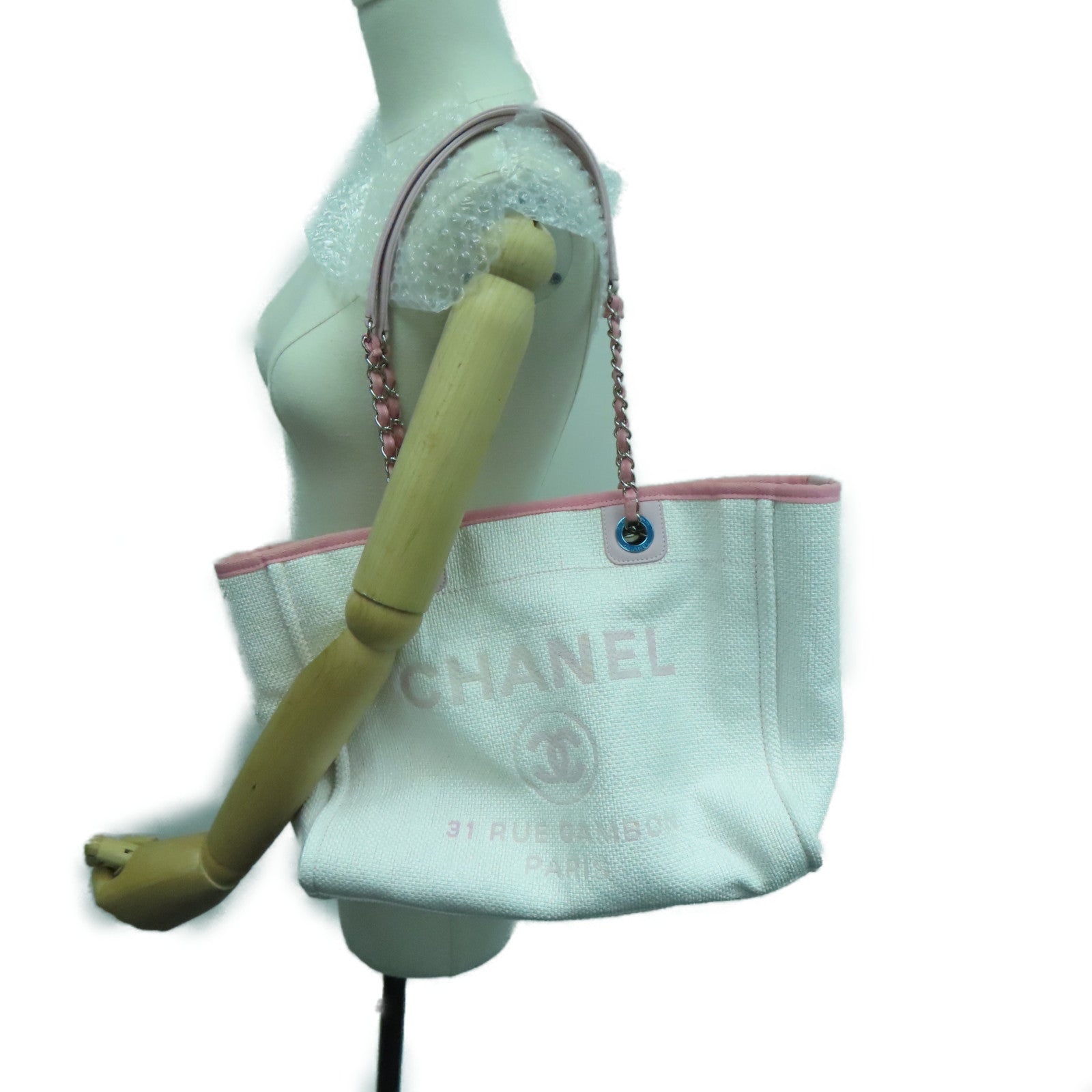 CHANEL 帆布Deauville Tote Bag银扣手挽袋/肩背袋粉红色