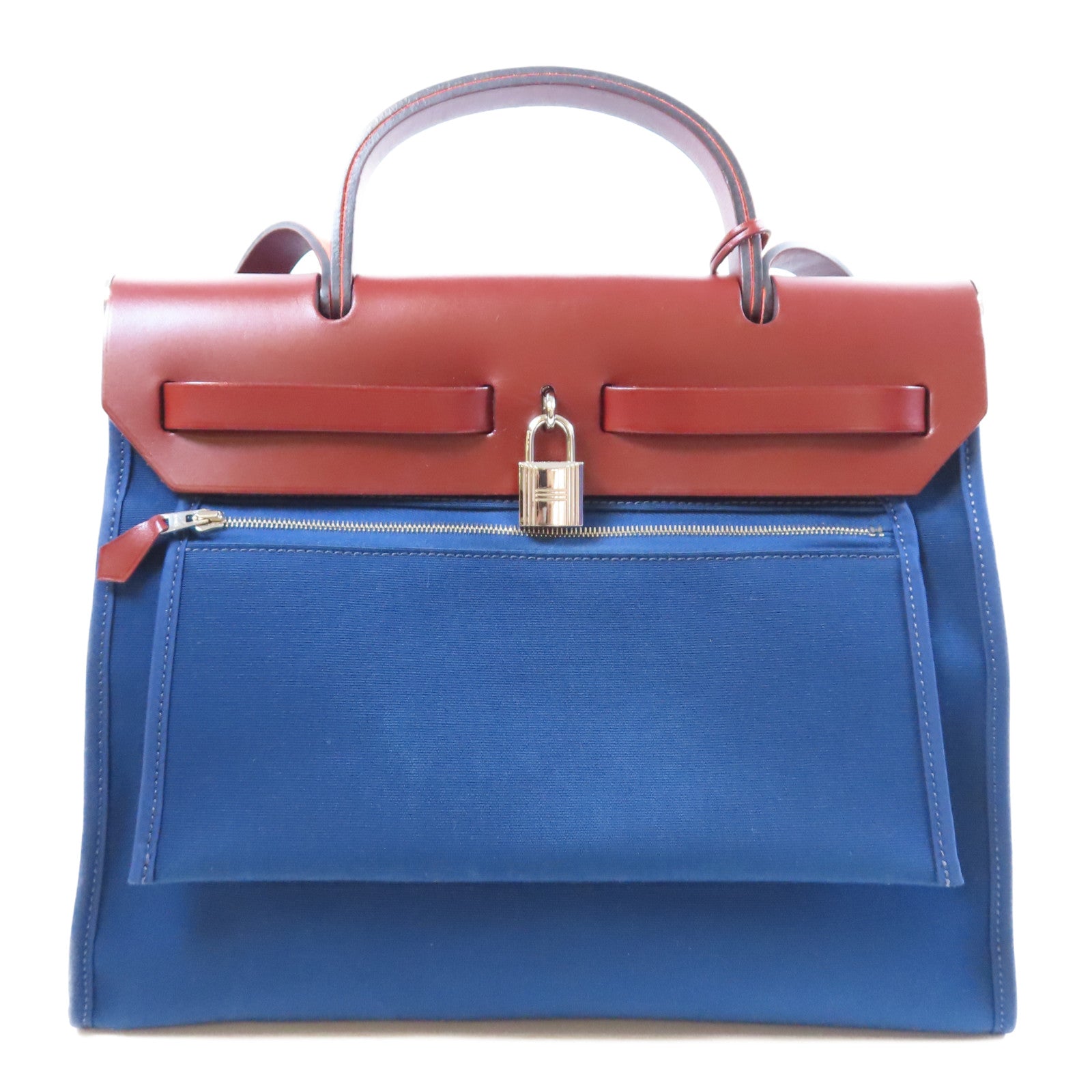 HERMES 帆布/皮革Herbag PM銀扣手挽肩背兩用袋Bleu Saphir寶石藍色