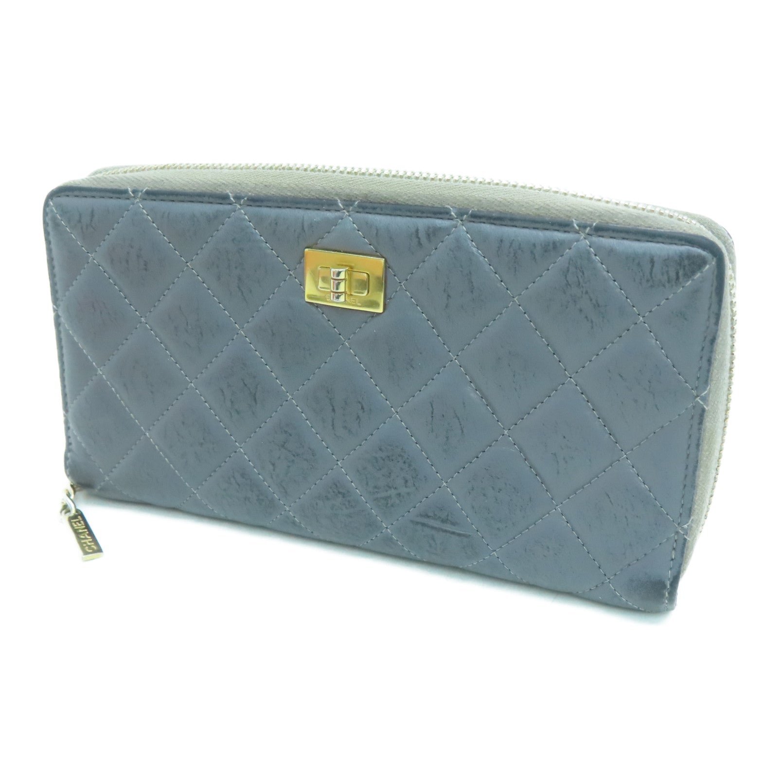 CHANEL rhombic cowhide leather 2.55 Long Wallet gold buckle long wallet gray
