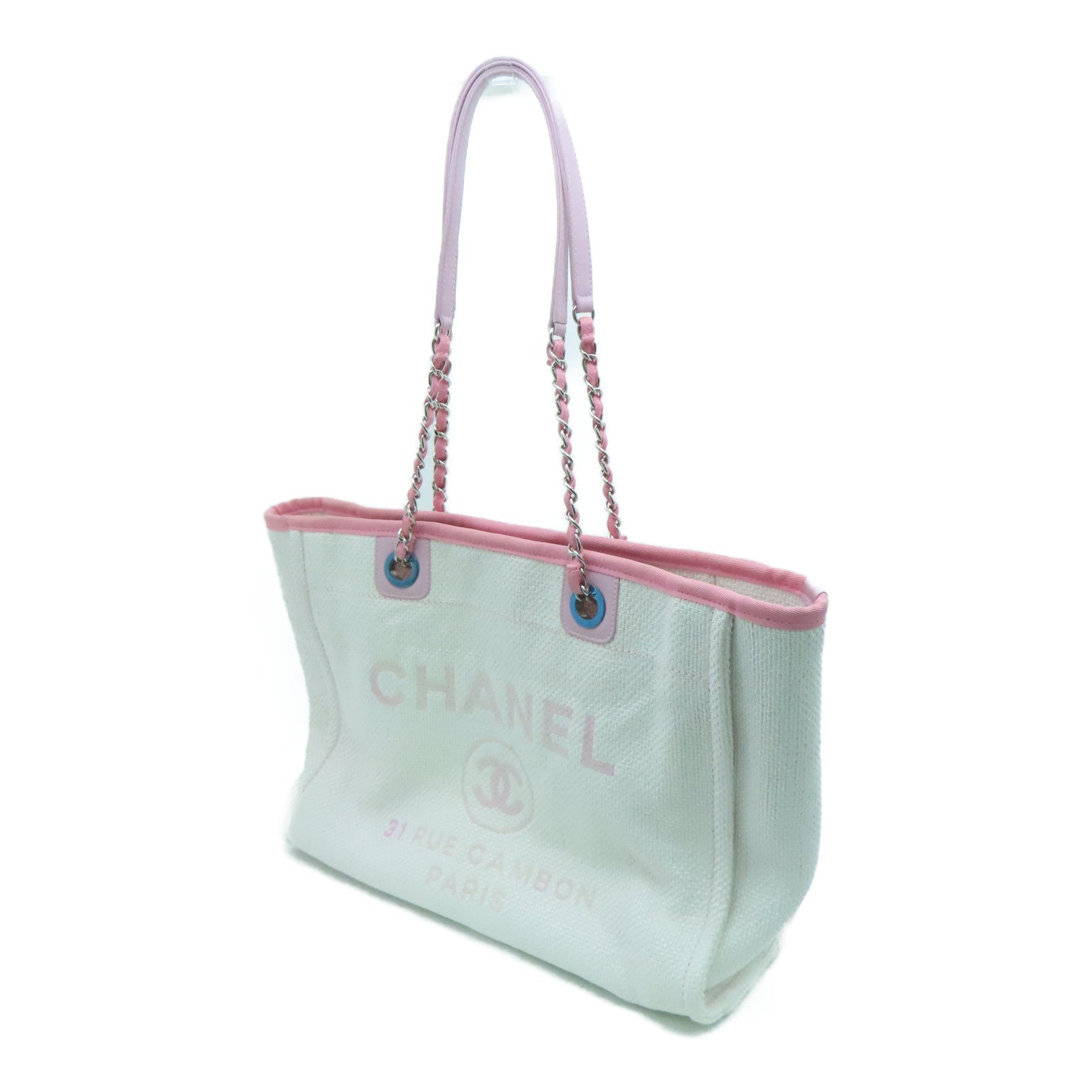 CHANEL 帆布Deauville Tote Bag银扣手挽袋/肩背袋粉红色