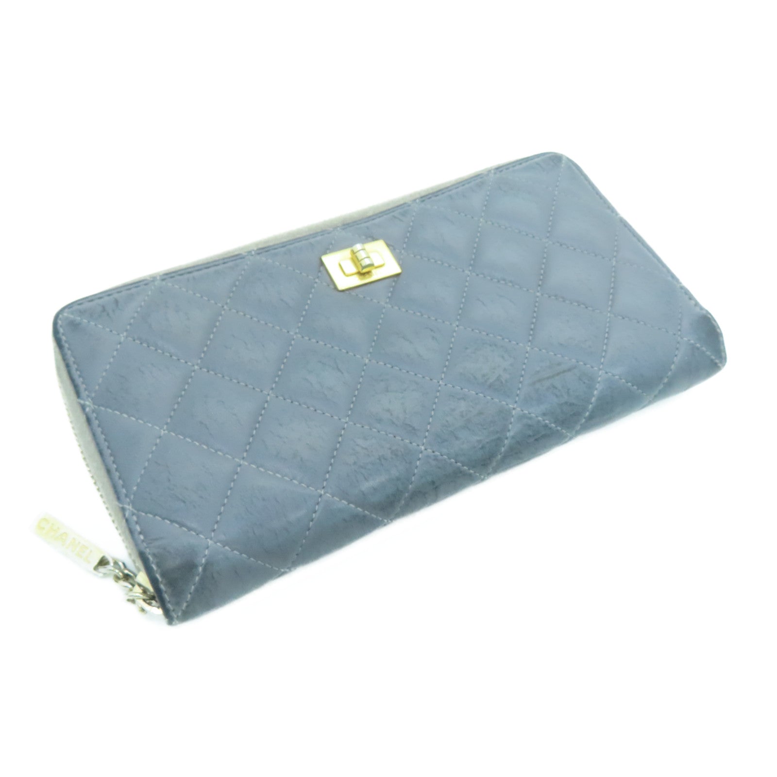CHANEL rhombic cowhide leather 2.55 Long Wallet gold buckle long wallet gray