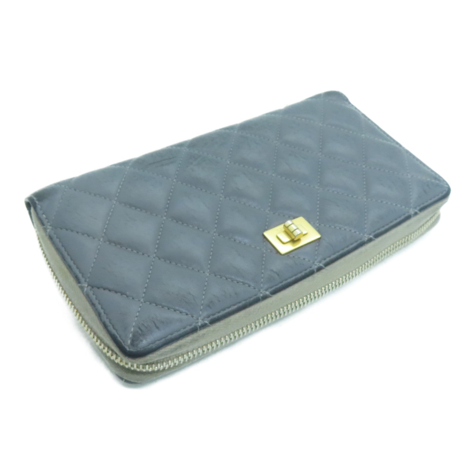 CHANEL rhombic cowhide leather 2.55 Long Wallet gold buckle long wallet gray