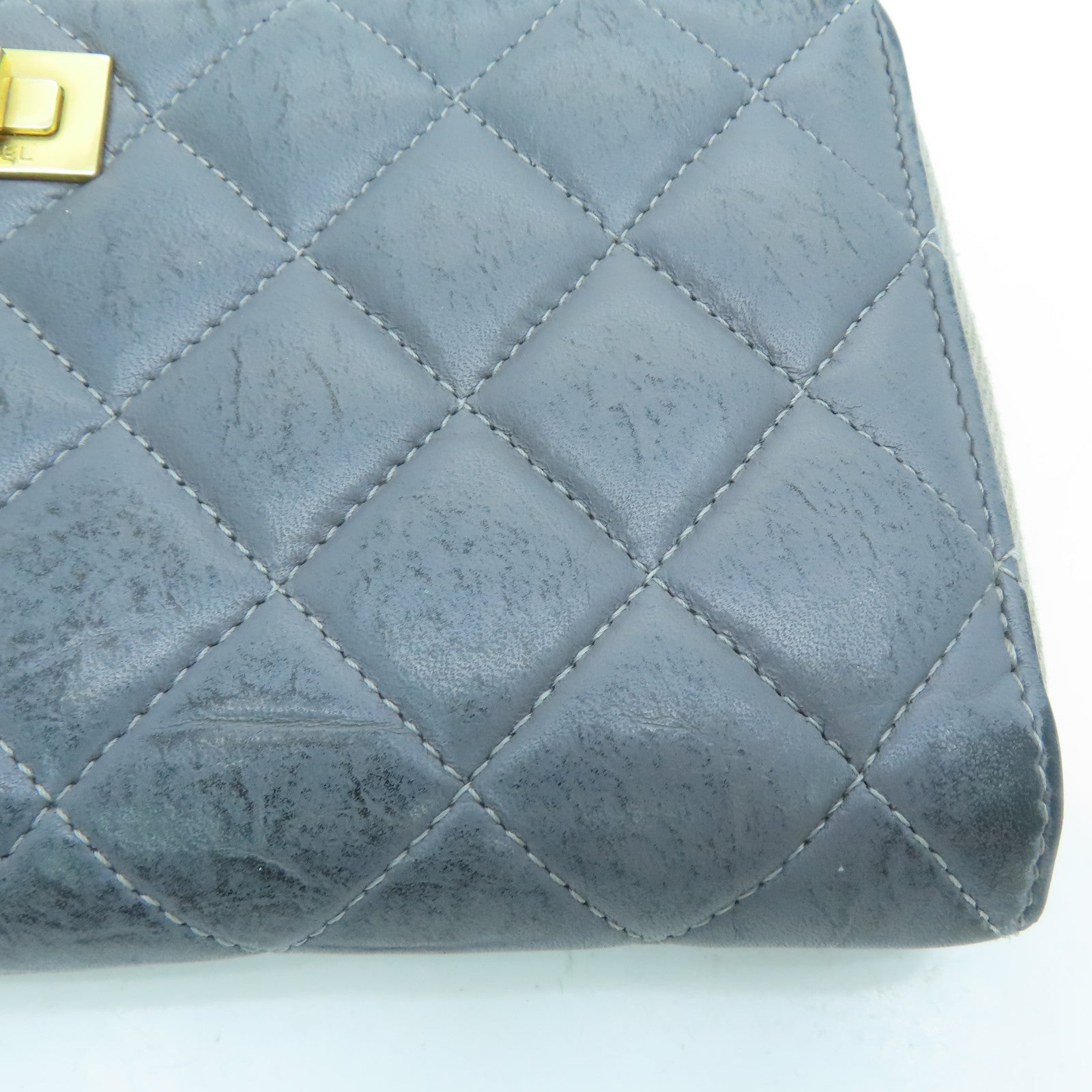 CHANEL rhombic cowhide leather 2.55 Long Wallet gold buckle long wallet gray