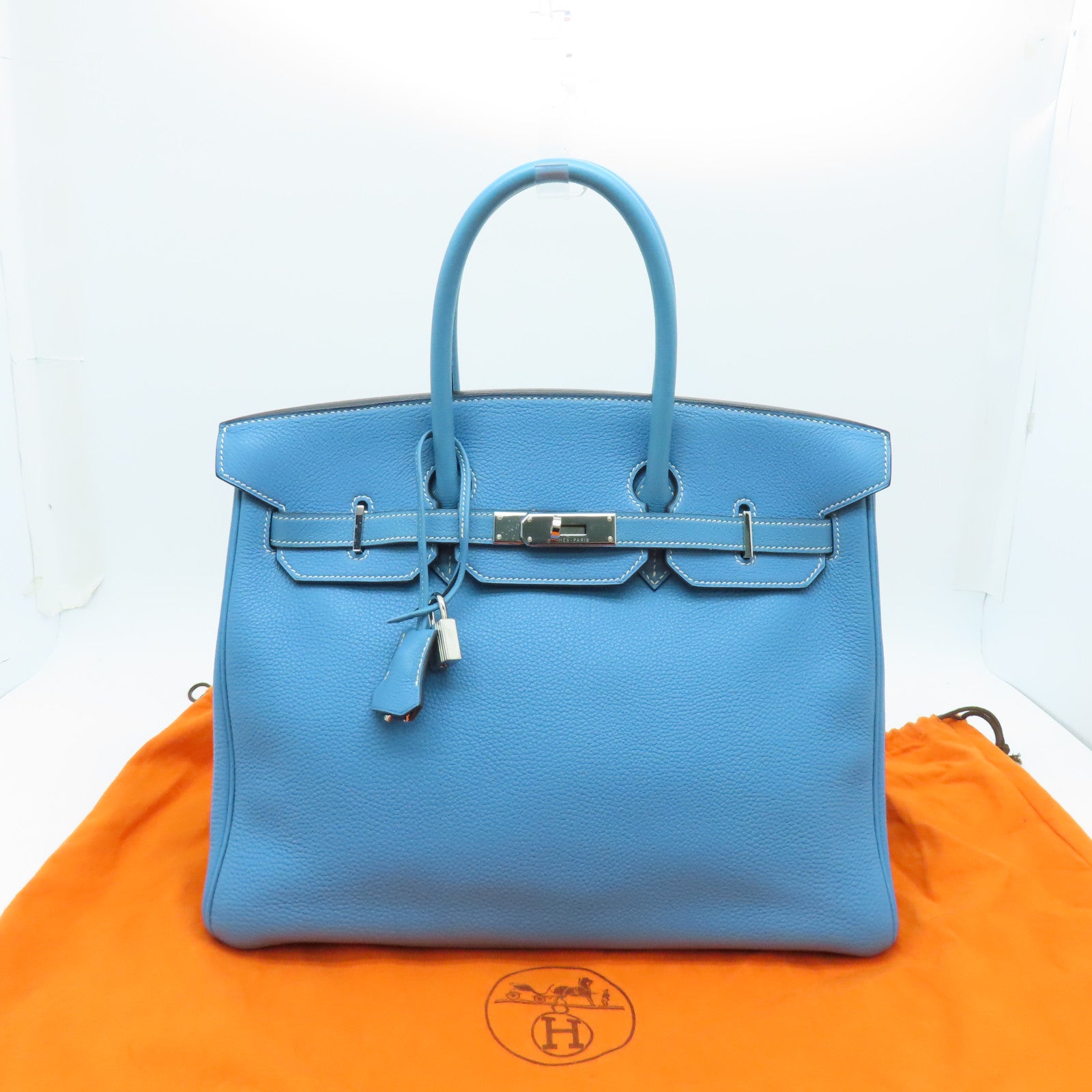 HERMES Togo Leather Birkin 35 Silver Buckle Handle Bag Bule Jean Blue