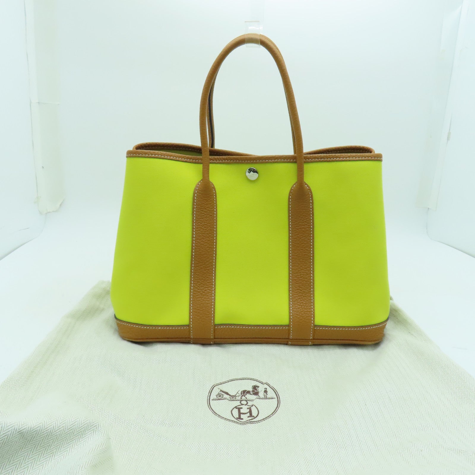 HERMES Canvas Garden Party TPM Silver Buckle Hand Bag Yellow