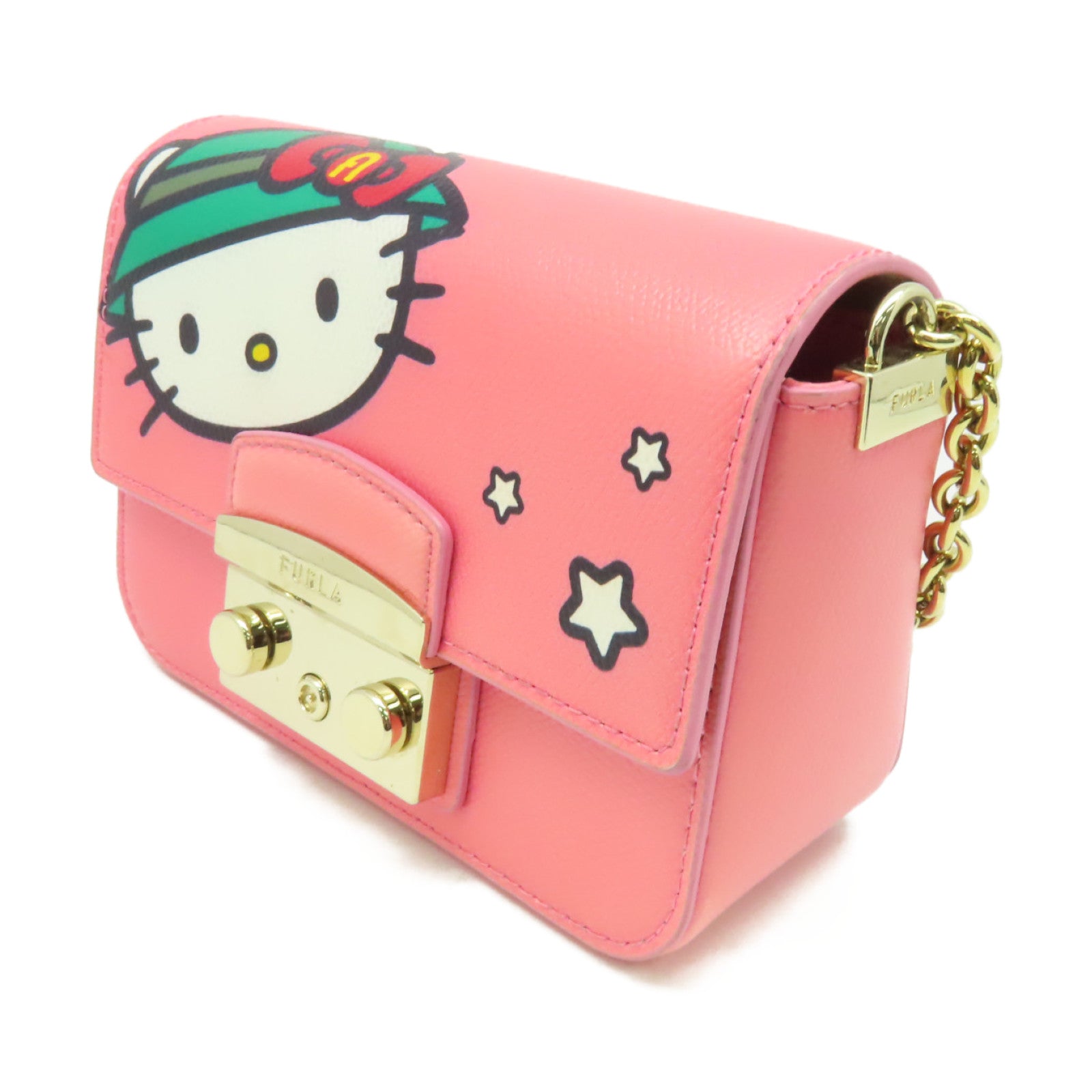 Furla 牛皮皮革Hello Kitty Goes Hiking Shoulder Bag金扣鏈帶肩背袋粉紅色