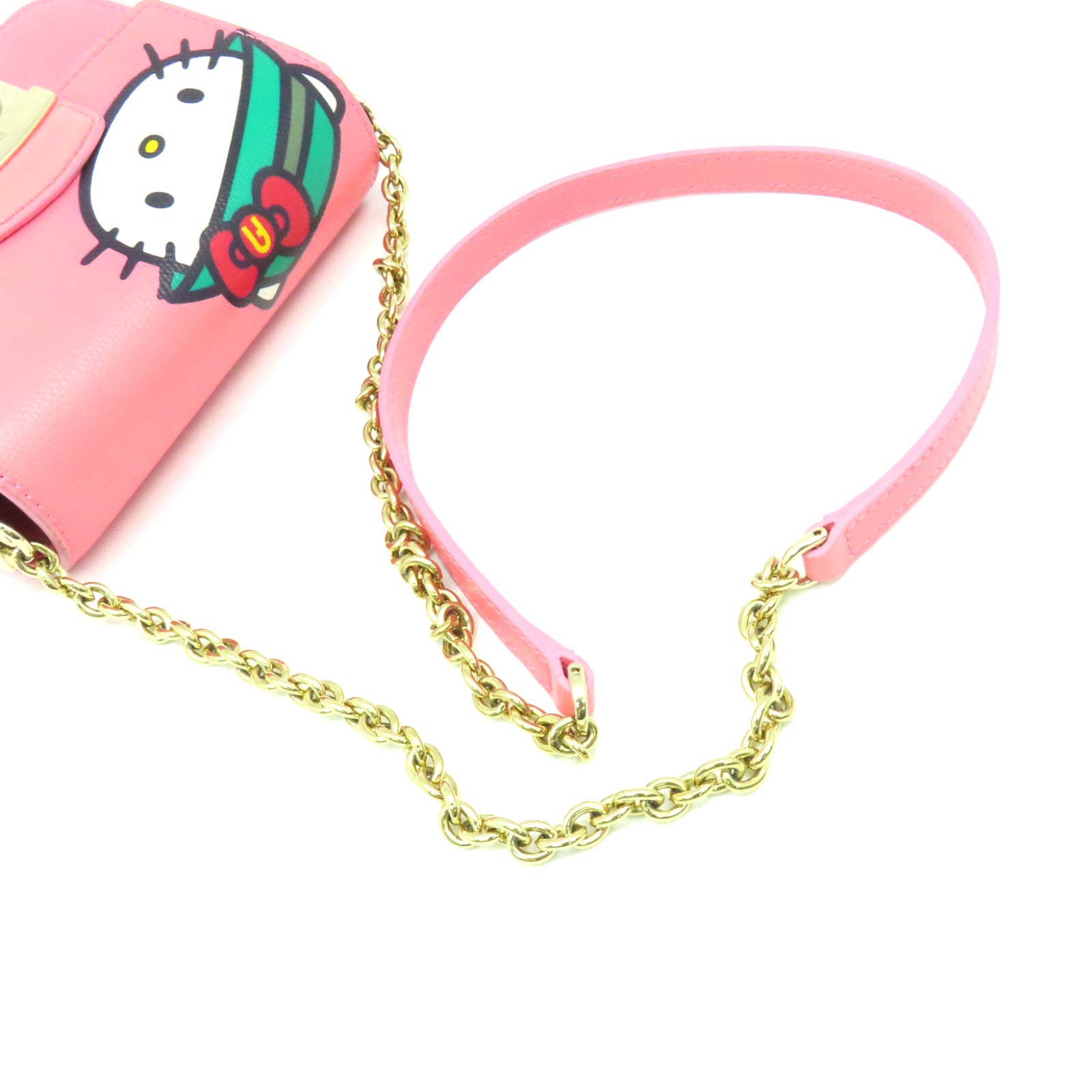 Furla 牛皮皮革Hello Kitty Goes Hiking Shoulder Bag金扣鏈帶肩背袋粉紅色