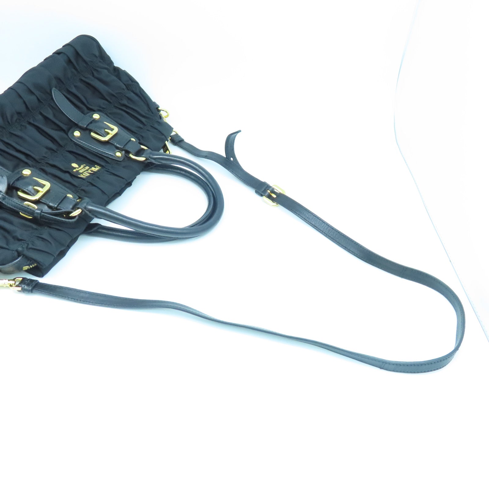 PRADA nylon 2 Way Shoulder gold buckle handle shoulder bag black
