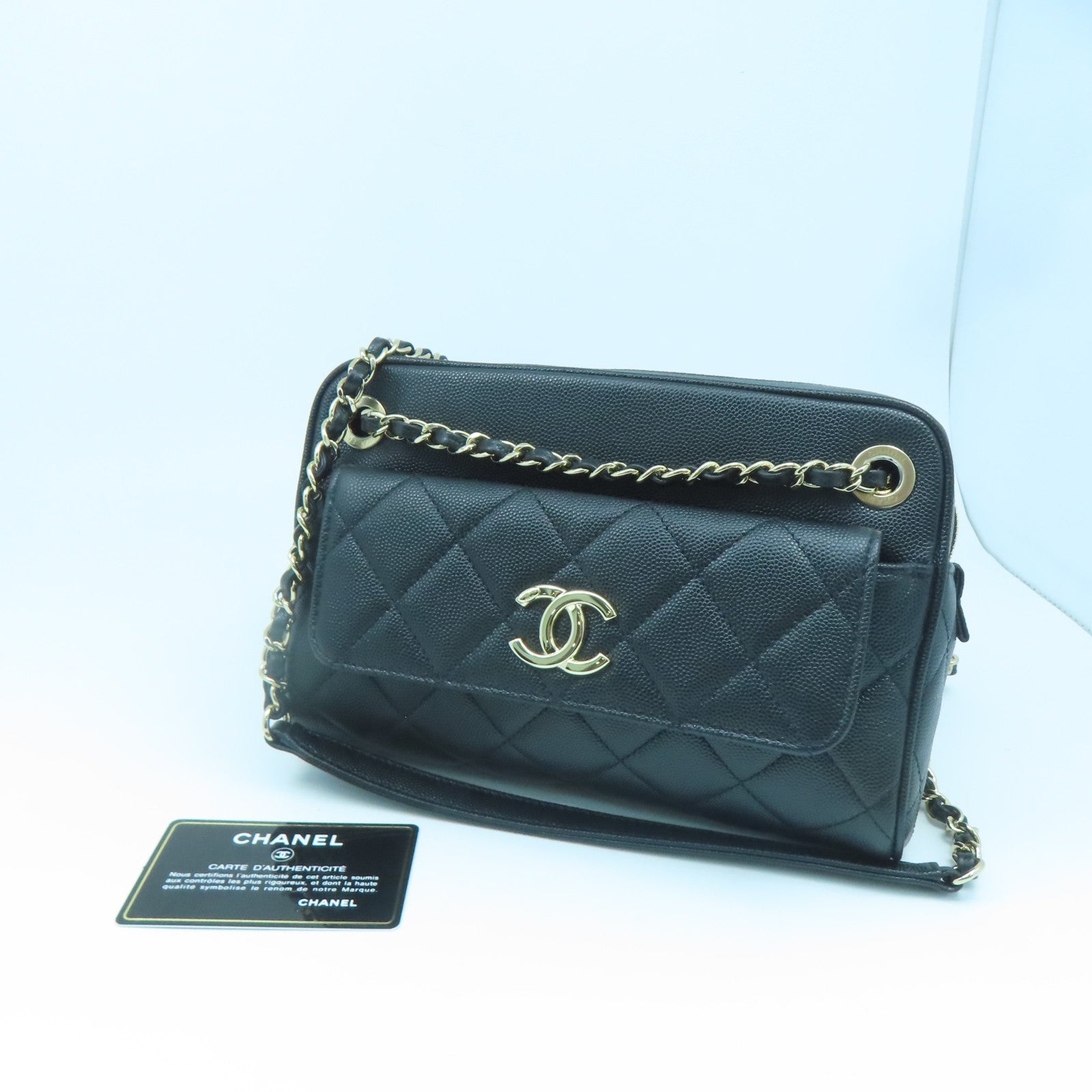 CHANEL 菱格牛皮皮革Chain Shoulder金扣鏈帶肩背袋黑色