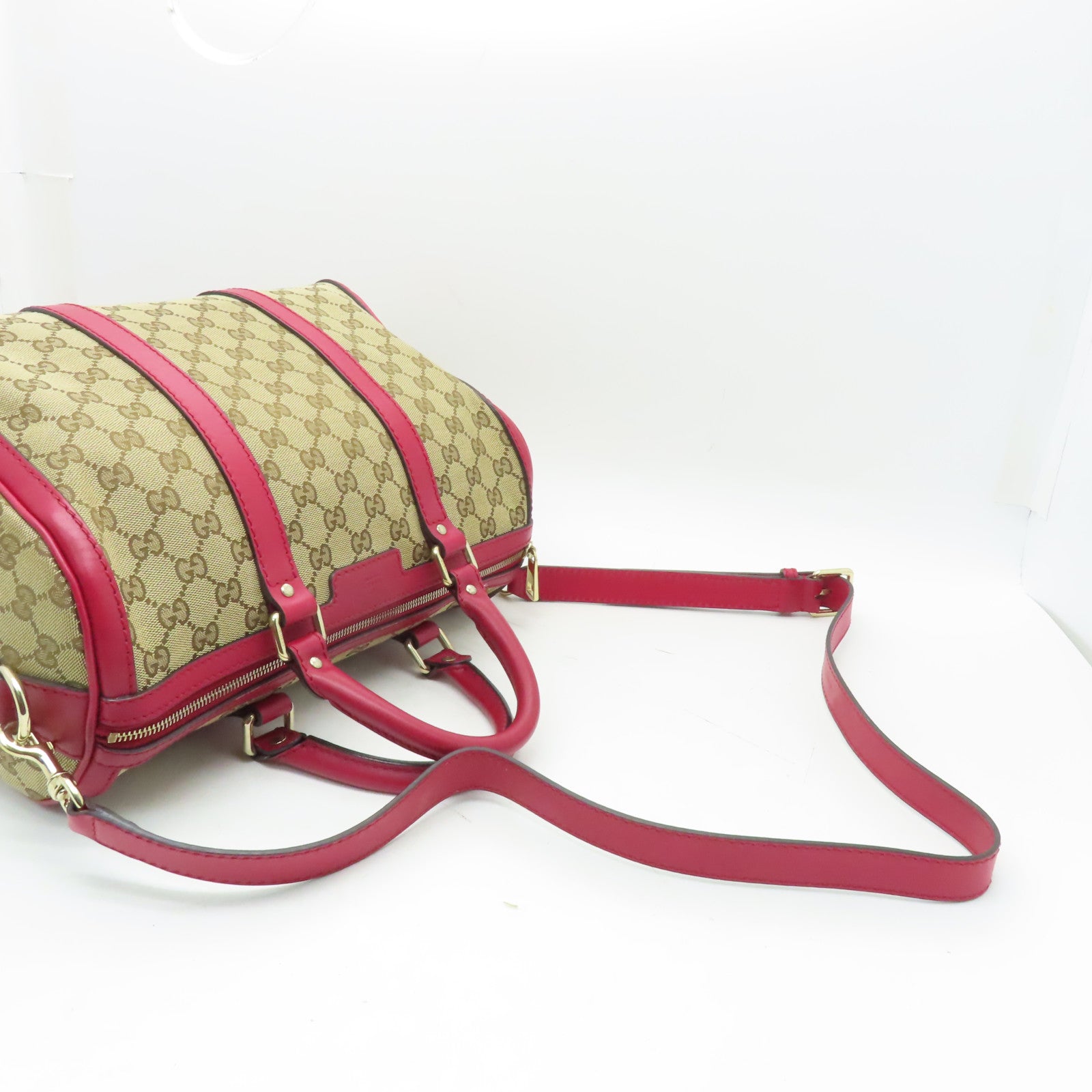 GUCCI 帆布/皮革2 Way Shoulder金扣手挽肩背兩用袋啡色/紅色