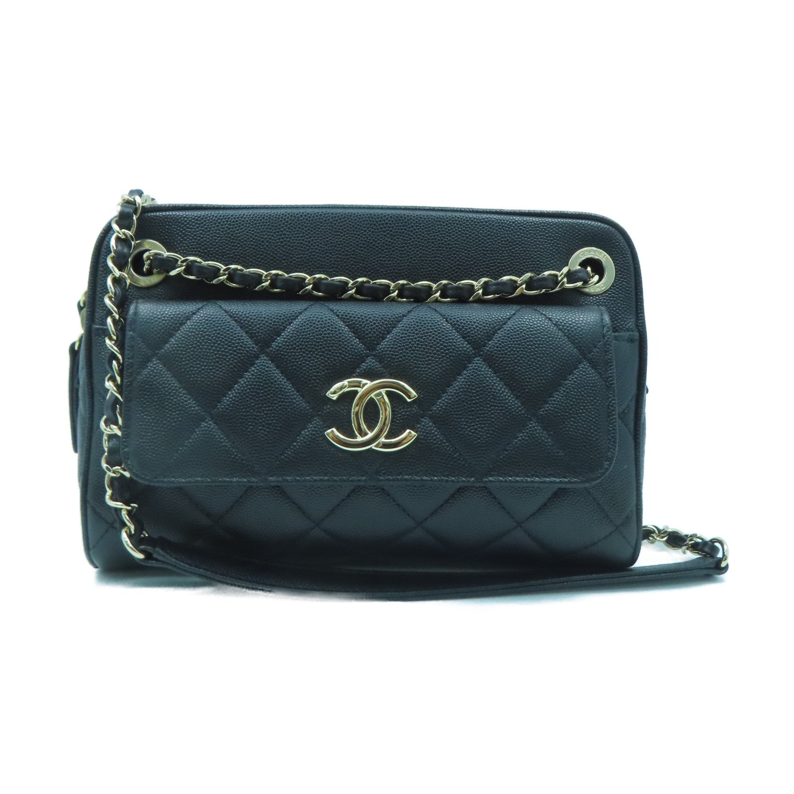 CHANEL 菱格牛皮皮革Chain Shoulder金扣鏈帶肩背袋黑色