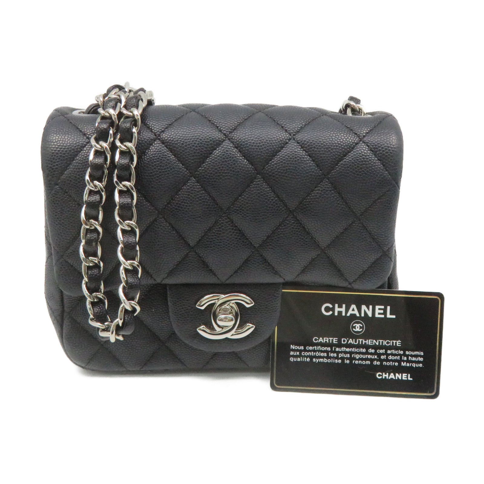 CHANEL 菱格Caviar皮革Chain Shoulder Bag銀扣鏈帶肩背袋碳灰色