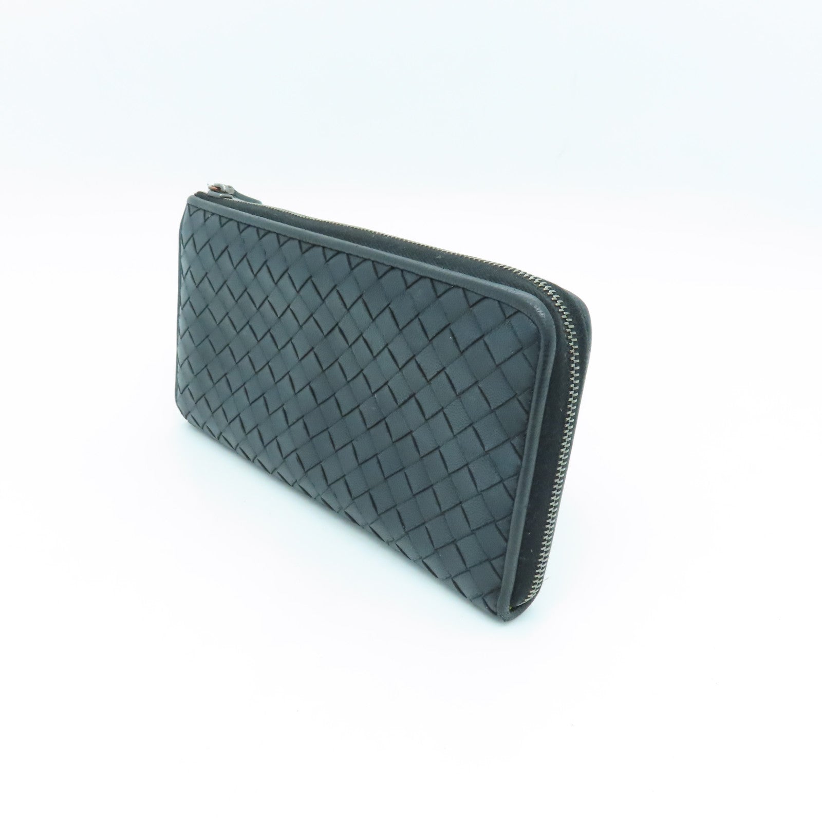 BOTTEGA VENETA Textured Leather Long Wallet Silver Buckle Long Wallet Black
